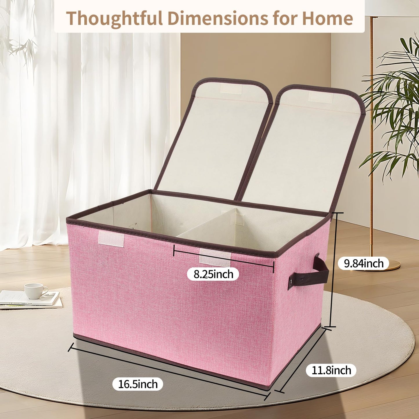 Tcbelosion Foldable Fabric Storage Box, 16.5 x 11.8 x 9.8 inches (L x W x H), with Double-Lid & Dividers, Large Organizer for Home, Closet, Office(Pink)
