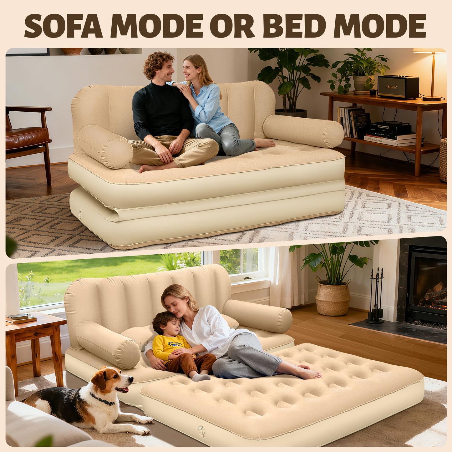 ChlorBlu Queen Size Air Sofa Bed Mattress with Headboard and Pump, Flocked Surface Blow Up Couch Inflatable Bed for Home,Folding Inflatable Couch for Camping, 2-in-1 Valve Inflatable Sofa 73"x61"x32''