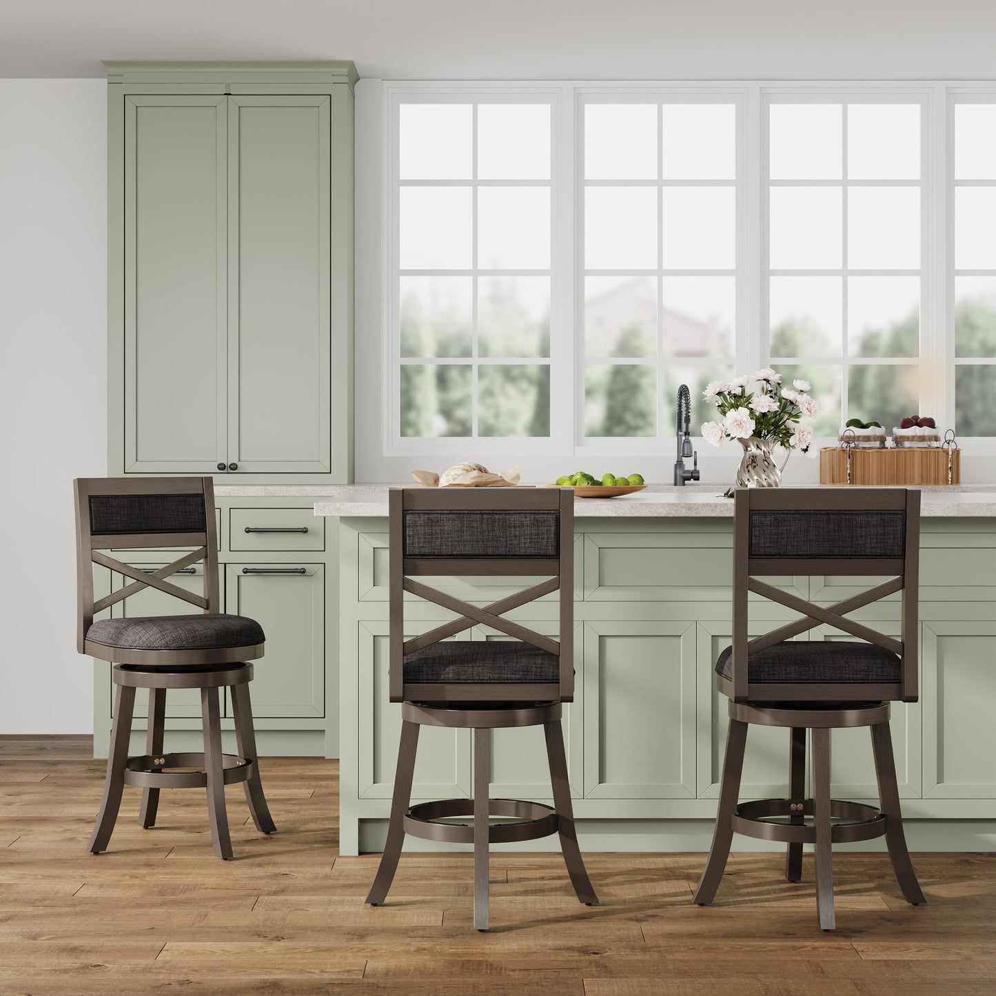 DTY Indoor Living Meeker 24 Inch Counter Height Bar Stools with Backs - Wooden Swivel Counter Stools for Kitchen Island - Charcoal Fabric Seat, Solid Wood Frame, Weathered Gray Finish
