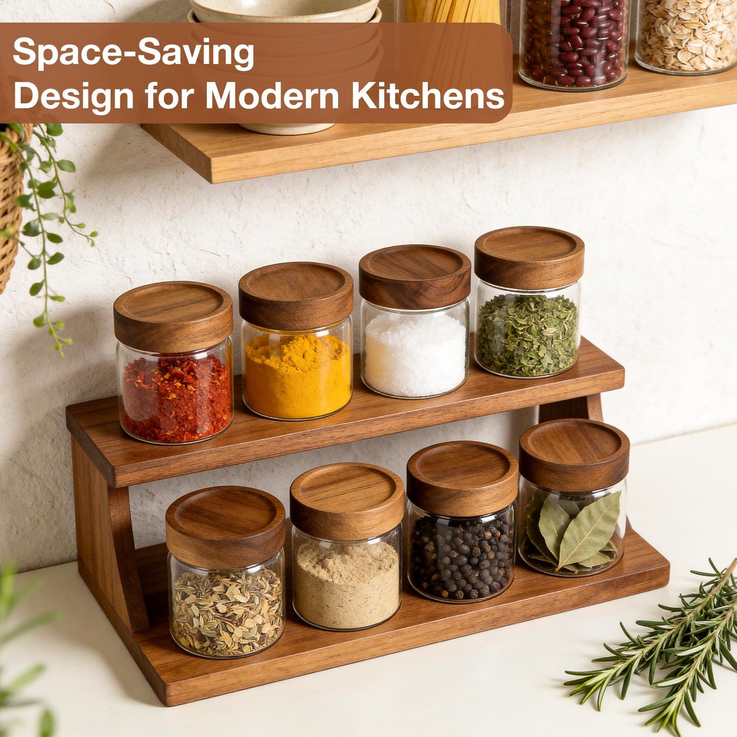 CONNOO 17oz Airtight Glass Spice Jars with Lids (6-Pack) – Includes 120 Pre-Printed Waterproof White Kitchen Labels – Thick Durable Storage for Pantry, Coffee, Sugar & Meal Prep