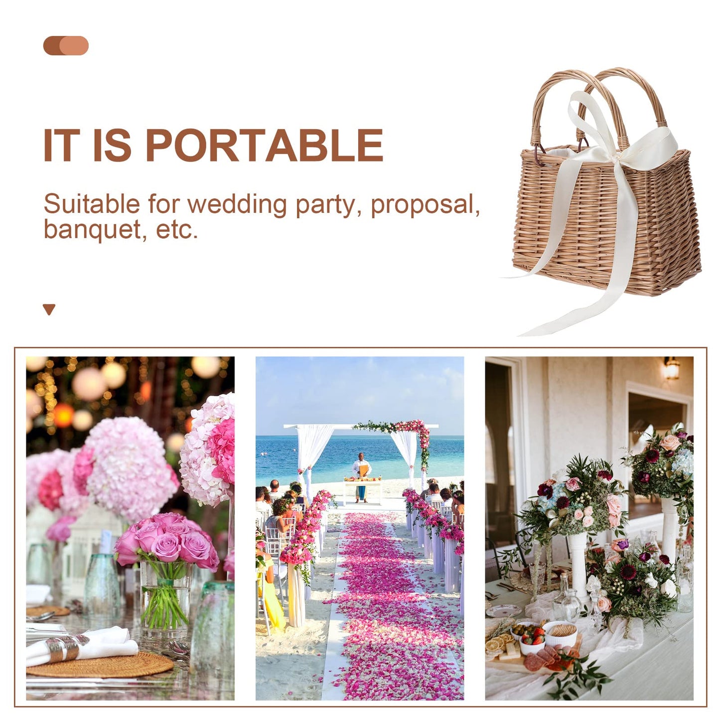 CARMELIT Flower Girl Basket Boho Style Rattan Baskets with White Ribbon for Weddings, Classic Wicker Handbag Basket Purse Baskets Bags Women Straw Tote with Handle
