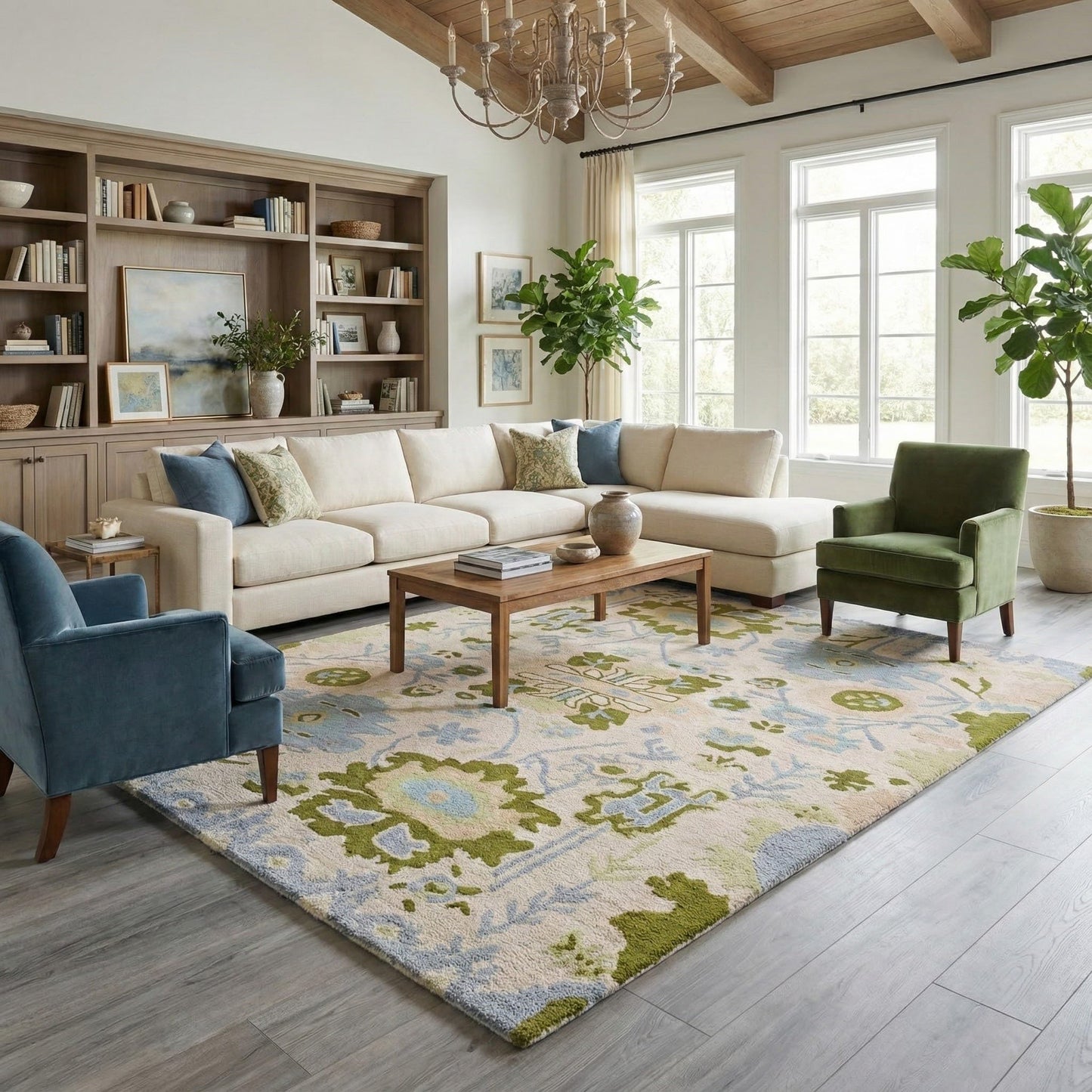 Handmade Oushak Wool Area Rug | Floral and Botanical Patterns in Soft Blue and Green | Luxurious Thick Pile for Living Room, Bedroom & Dining Room Decor (Blue & Green, 5' x 7')