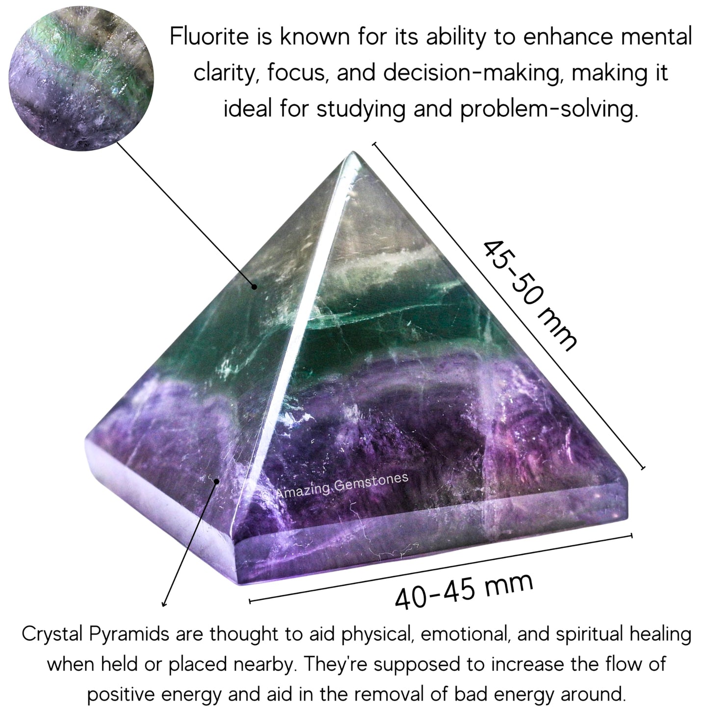 Amazing Gemstone Fluorite Pyramid Crystal Healing Stones - 2" Great Pyramid Figurine of Natural Stone Pyramid for Meditation, Reiki, Chakra Balancing and Crystal Pyramids Grid