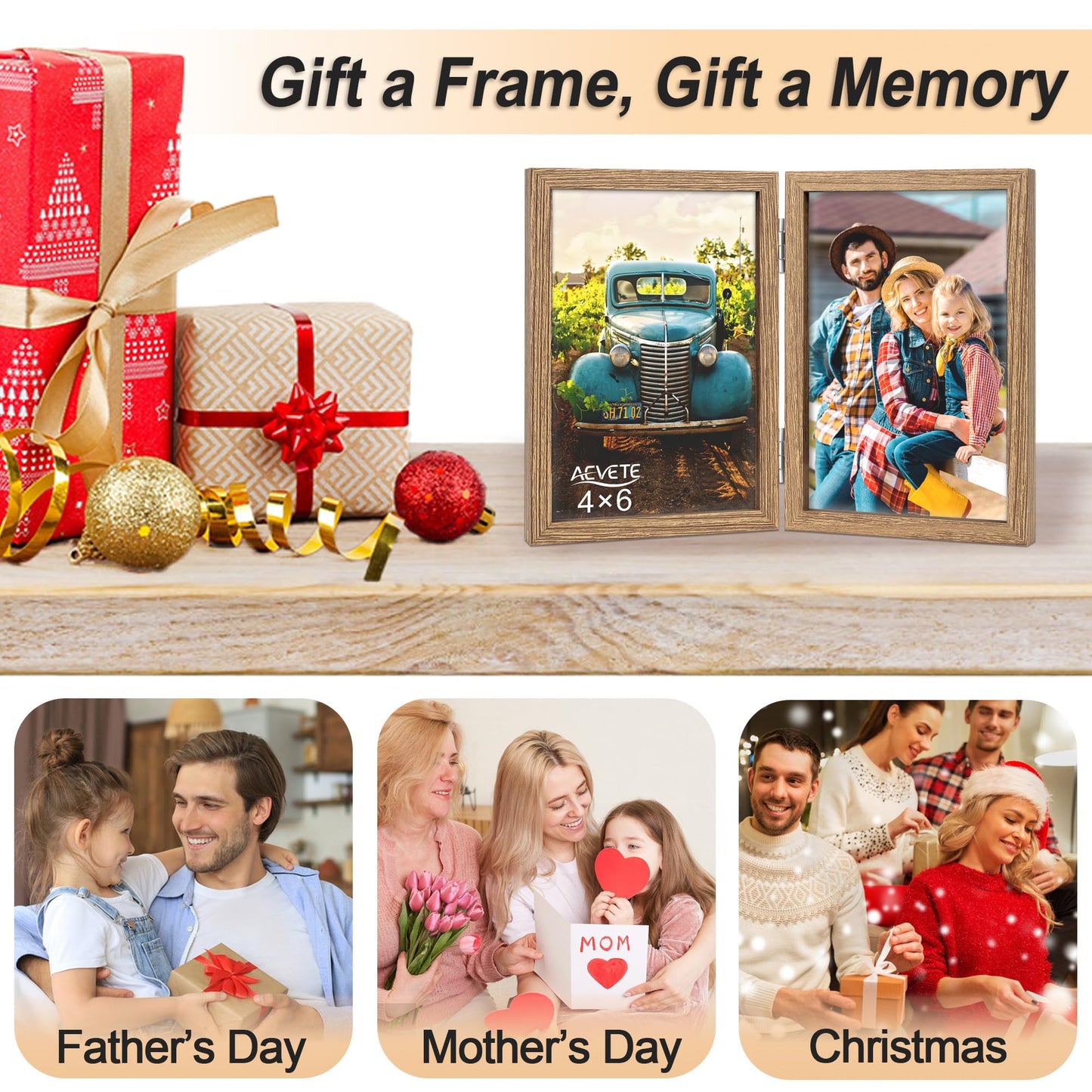 AEVETE 4x6 Picture Frames Double Hinged Wood Folding Photo Frames Vertical with Plexiglass Front