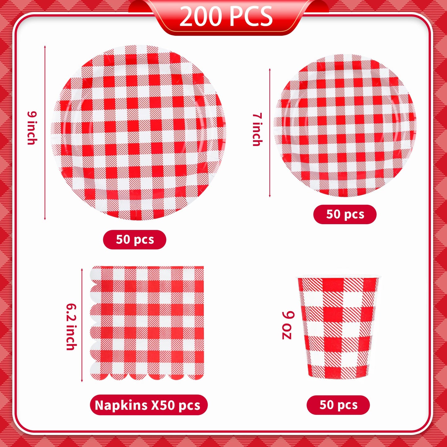 200Pcs Christmas Red Gingham Party Supplies Red Gingham Paper Plates and Napkins Cups Plaid Party Plates Disposable Reds and White Checkered Plates for Christmas Birthday Family Picnic，Serves 50