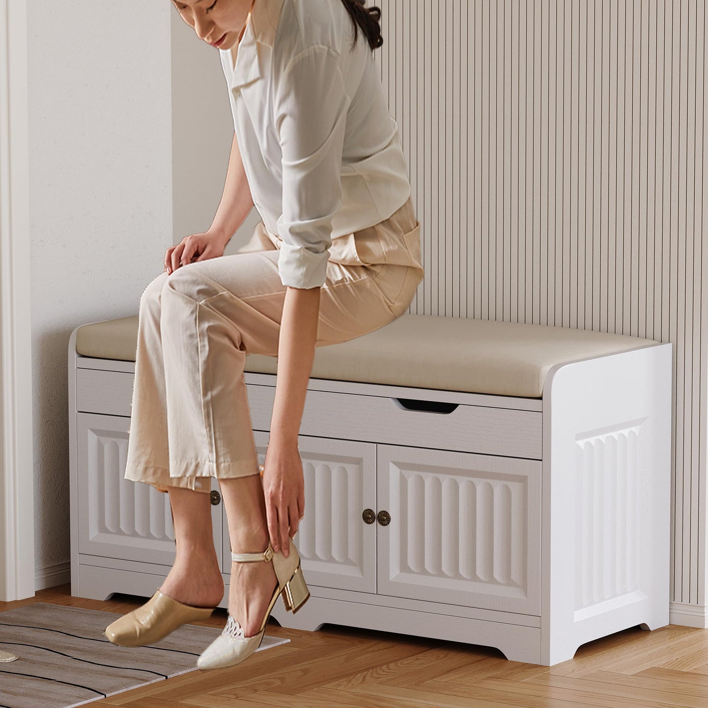 Kogven Shoe Bench,Entryway Storage Bench with Lift Top Cushion Seat & Hidden Space, Bedroom End of Bed Bench with 3-Sided Geometric Wavy Fluted for Hallway, Vintage White