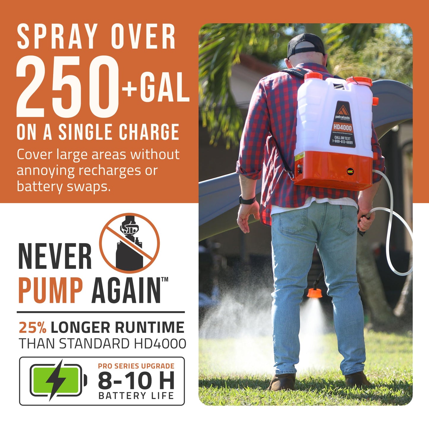 PetraTools Battery Powered Backpack Sprayer 4 Gallon - 8 Hours Long Battery Life & Padded Straps for Comfort - HD4000 Electric Backpack Garden Sprayer with 9 Spray Nozzles (HD4000 ProSeries with Cart)