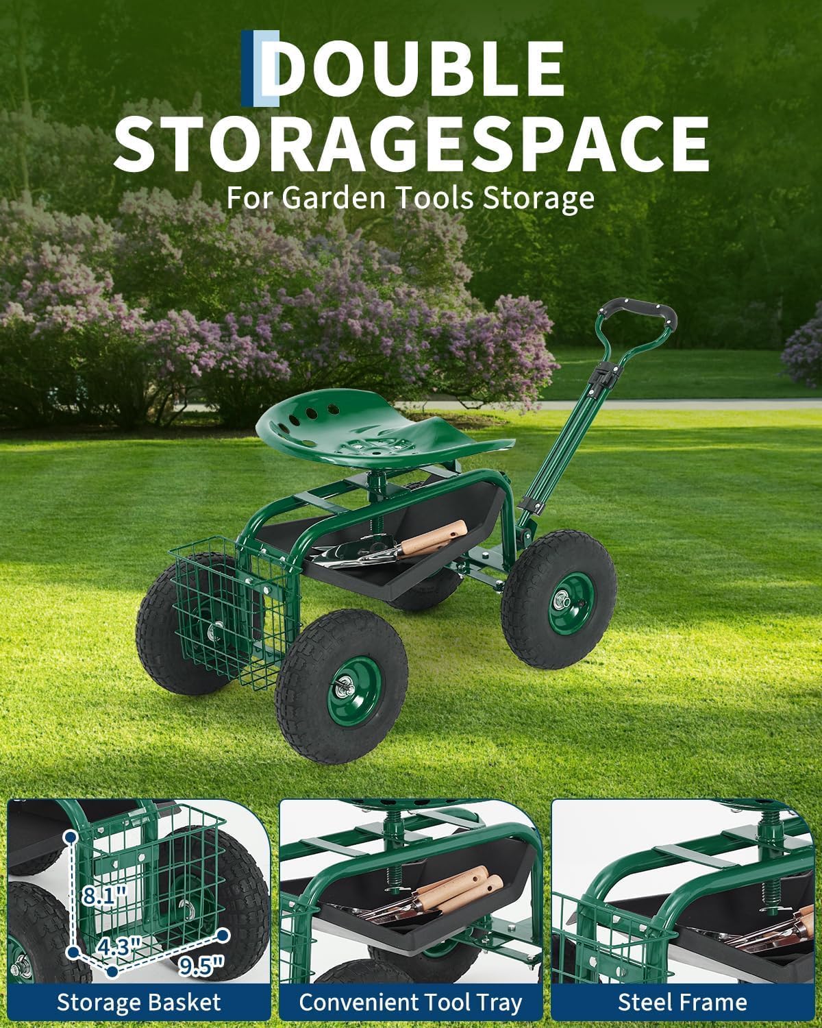 Heavy Duty Garden Cart, Garden Scooter Rolling Work Seat, 360° Swivel with 10-Inch All-Terrain Inflatable Tires, Extendable Steering Handle & Metal Tool Tray for Planting, Weeding, Yard Work