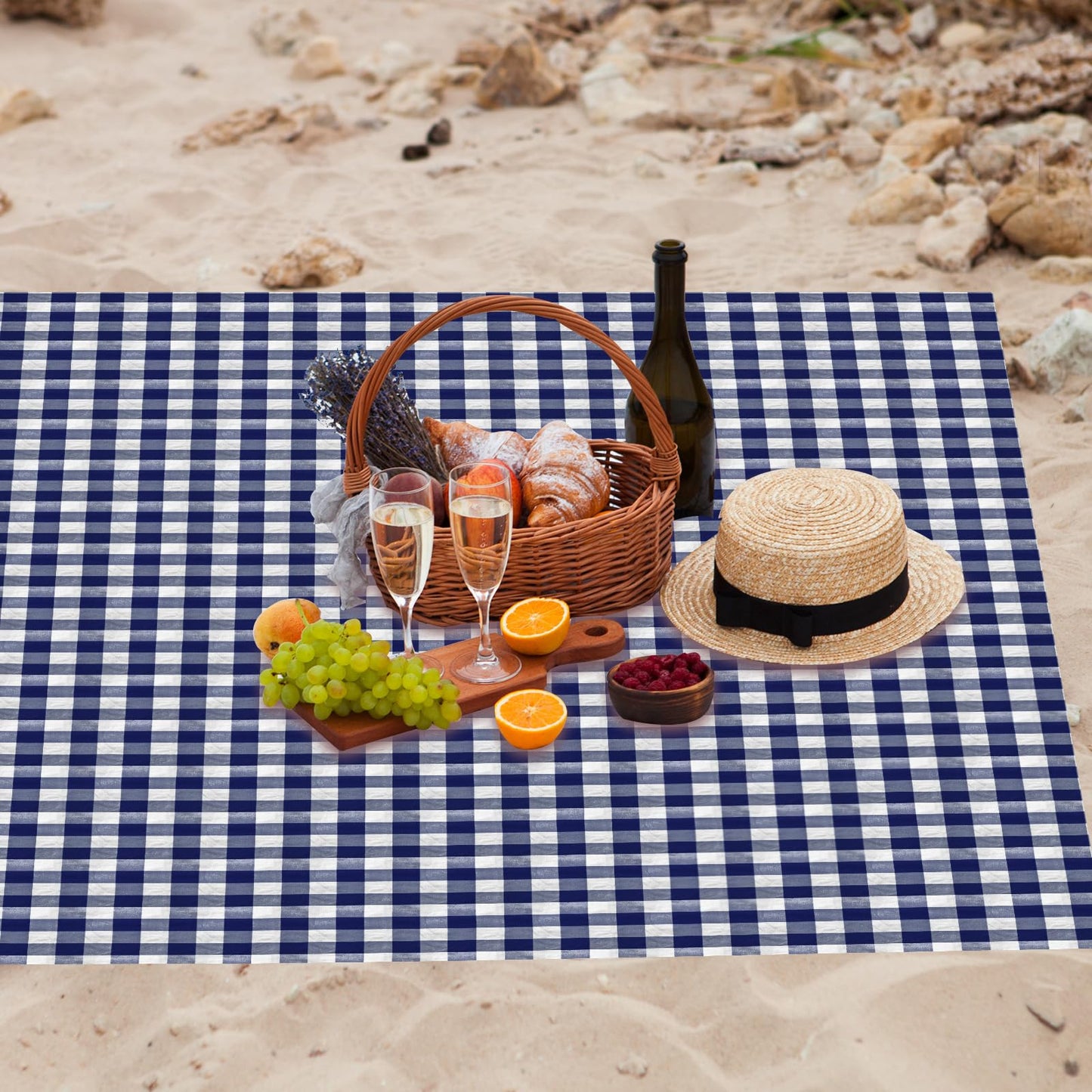 HunnmingRe 6 Pcs Disposable Outdoor Picnic Blankets 71''x71'' Thicken Foldable Waterproof Picnic Mats Gingham Oil Proof Camping Blankets with 4 Ground Spikes Beach Travel Hiking (Navy Blue and White)