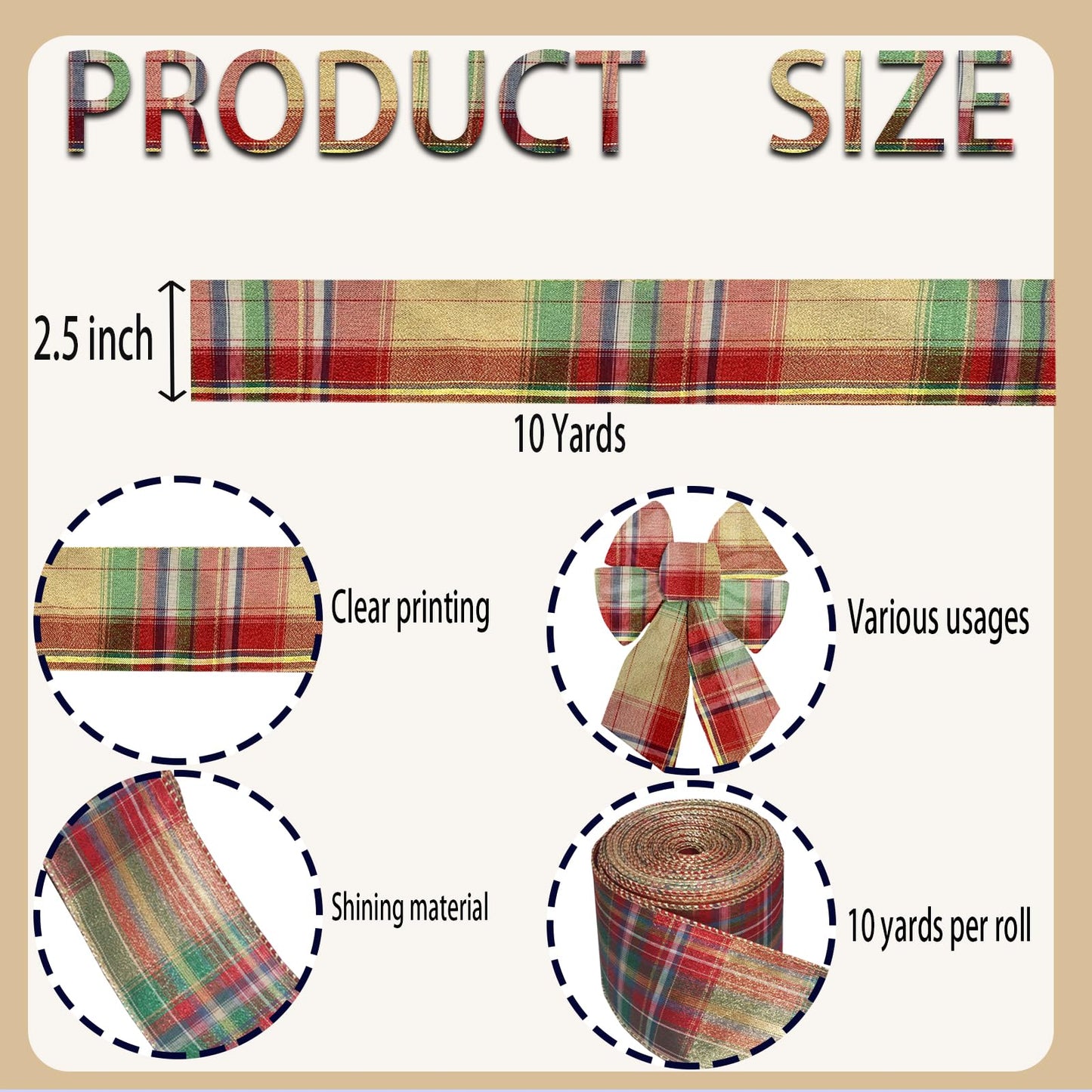 2.5 Inch 10 Yards Christmas Green Red Plaid Ribbon for Gift Wrapping, Xmas Farmhouse Ribbons for Crafting Wreath Bow Decorations