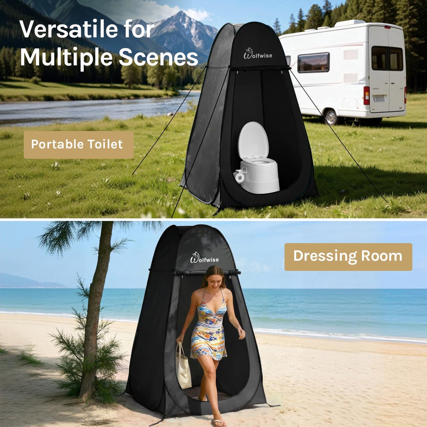 Wolfwise Pop Up Shower Tent for Camping, Portable Instant Changing Tent with Ventilation Window & Carry Bag, Privacy Bathroom Toilet for Beach & Outdoor, Standard, Width 40 ", Height 75 ", Black