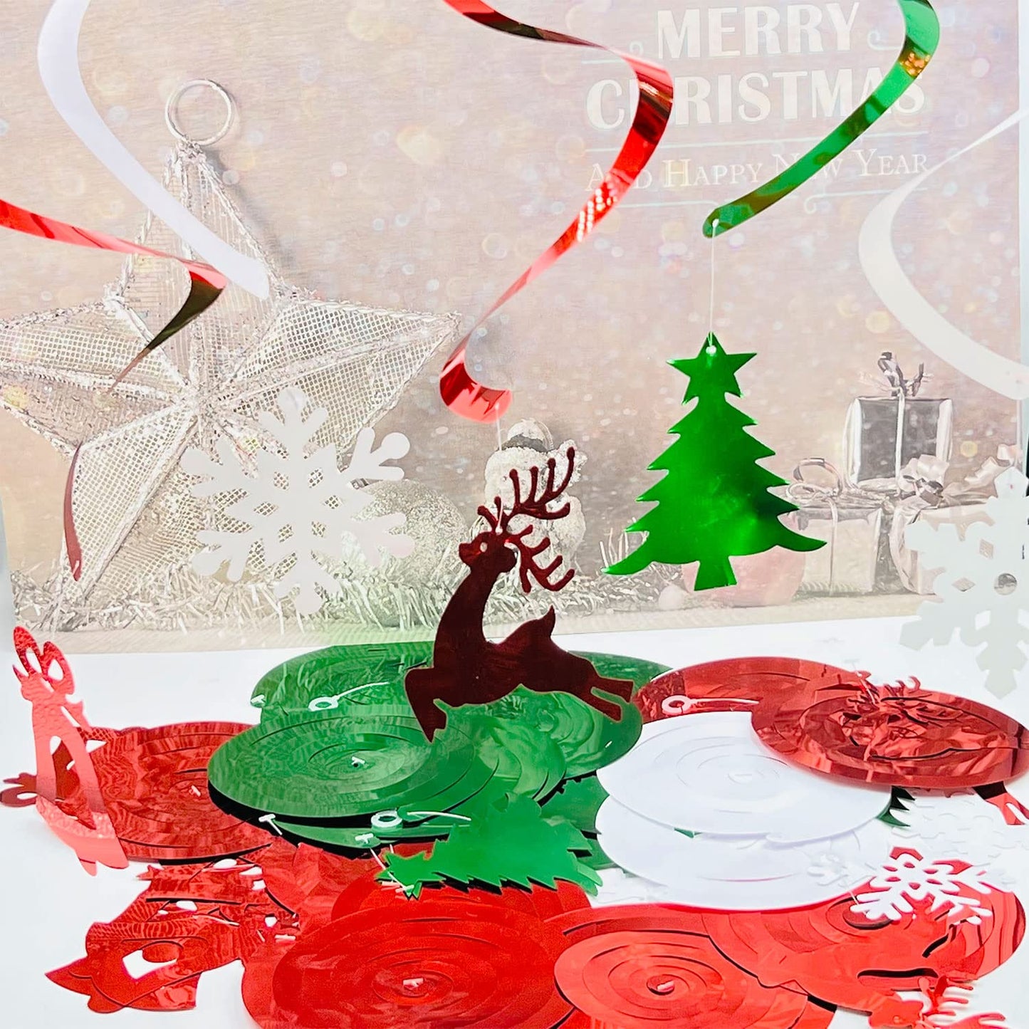 Christmas Party Decorations Foil Hanging Ceiling Swirls (30Pcs Fully-Assembled) Reindeer Bell Christmas Tree Snowflake Swirls for Porch Home House Bar, Christmas Holiday Supplies Decorations