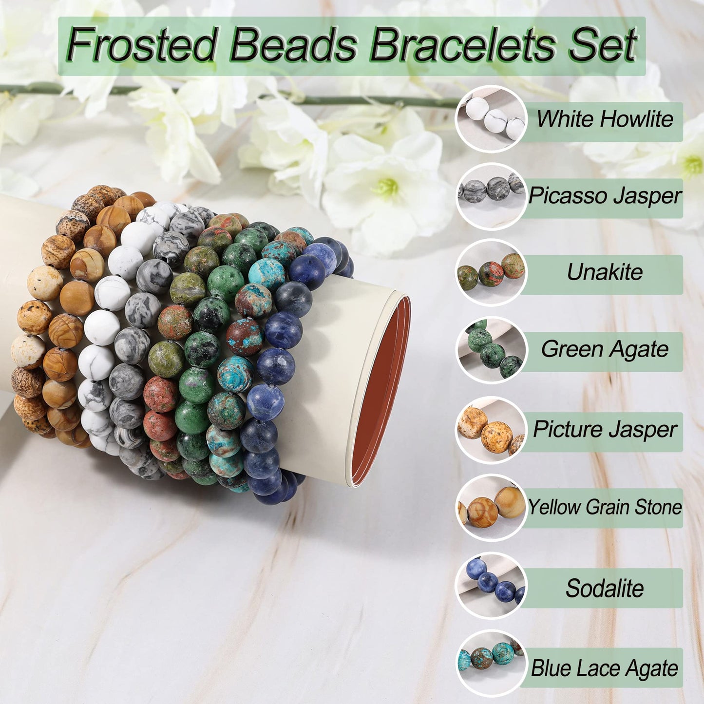 Bivei Natural Gemstone Semi Precious Crystals Handmade Stretchy Round Beads Bracelet, Enhance Positive Energy,Stocking Stuffers for Women(Unakite & Green Agate (Recovery) Medium)