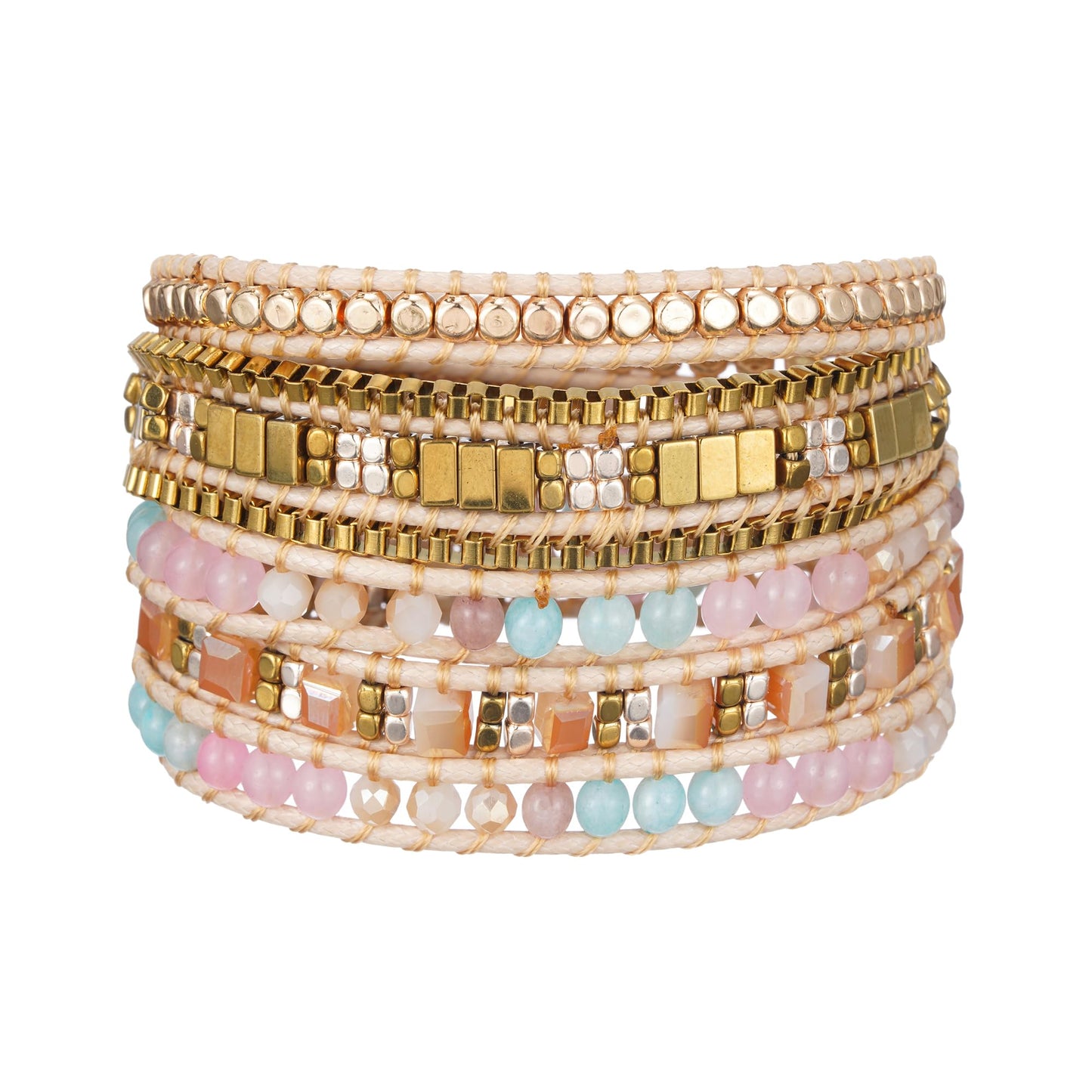 Plumiss Women Boho 5 Wraps Stone Crystal Bracelets Handmade Beaded Statement Stainless Steel Box Chain Bracelet Jewelry