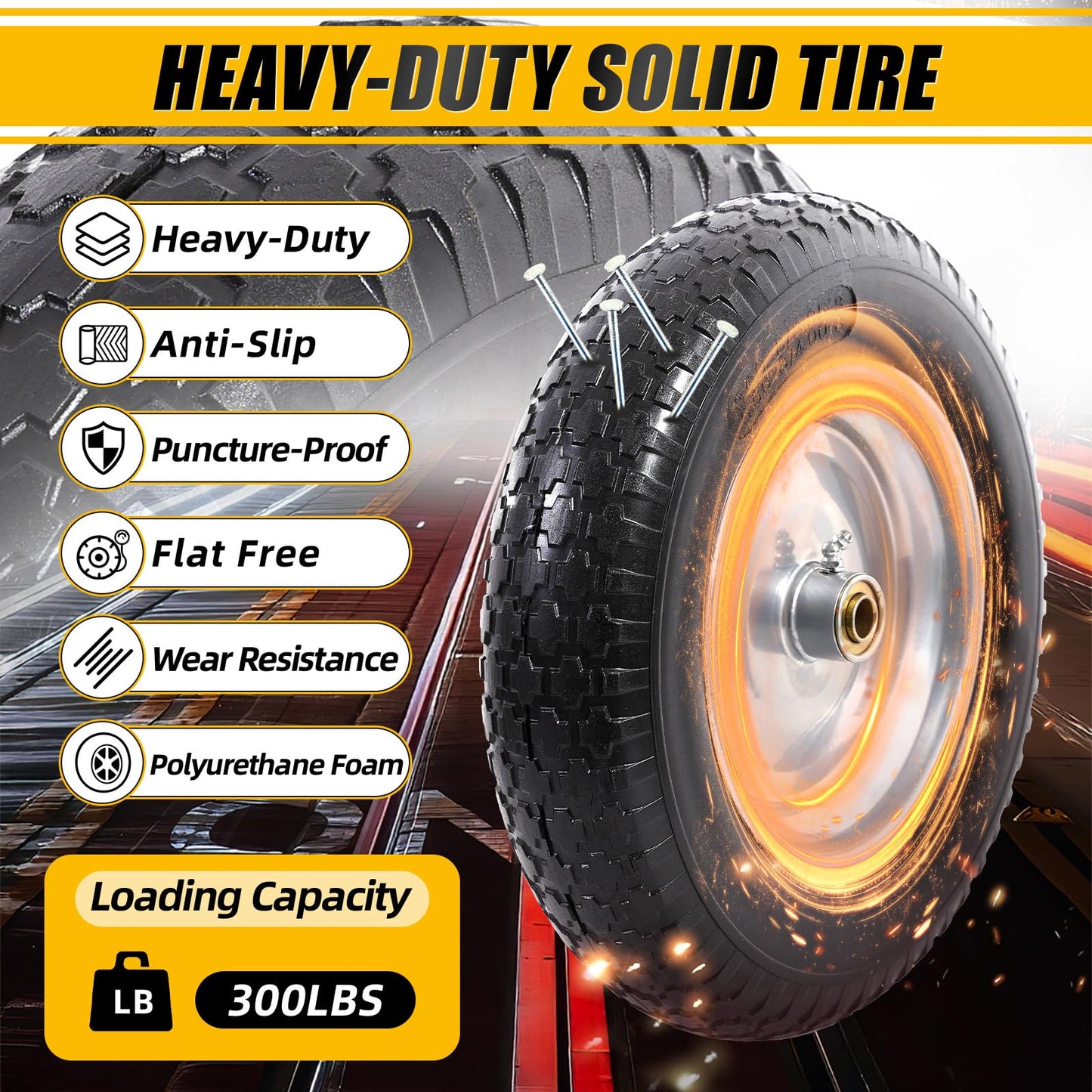 MZREXN 14.5" Wheelbarrow Tire Flat-Free 3.00/3.25/3.50/4.00-8" Solid Tire and Wheel with 3"-7" Centered Hub, 3/4" & 5/8" Bearings Replacement for Hand Truck/Dolly/Utility Cart/Garden Cart 2PCS Silver