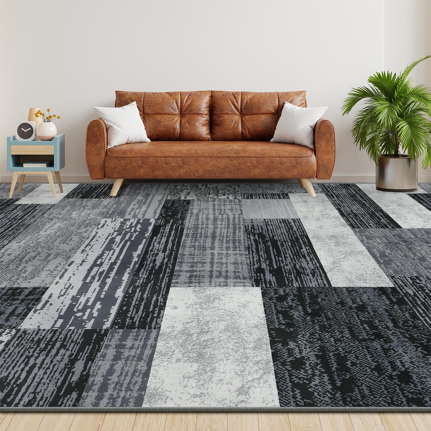 Large Area Rugs,Modern Geometric Patchwork Floor Decor for Bedroom Aesthetic Carpet, Rockwood Collection, Indoor Rugs for Living Room, Dining Room, Nursery, Office, Machine Washable Rug,6x9 Ft Grey