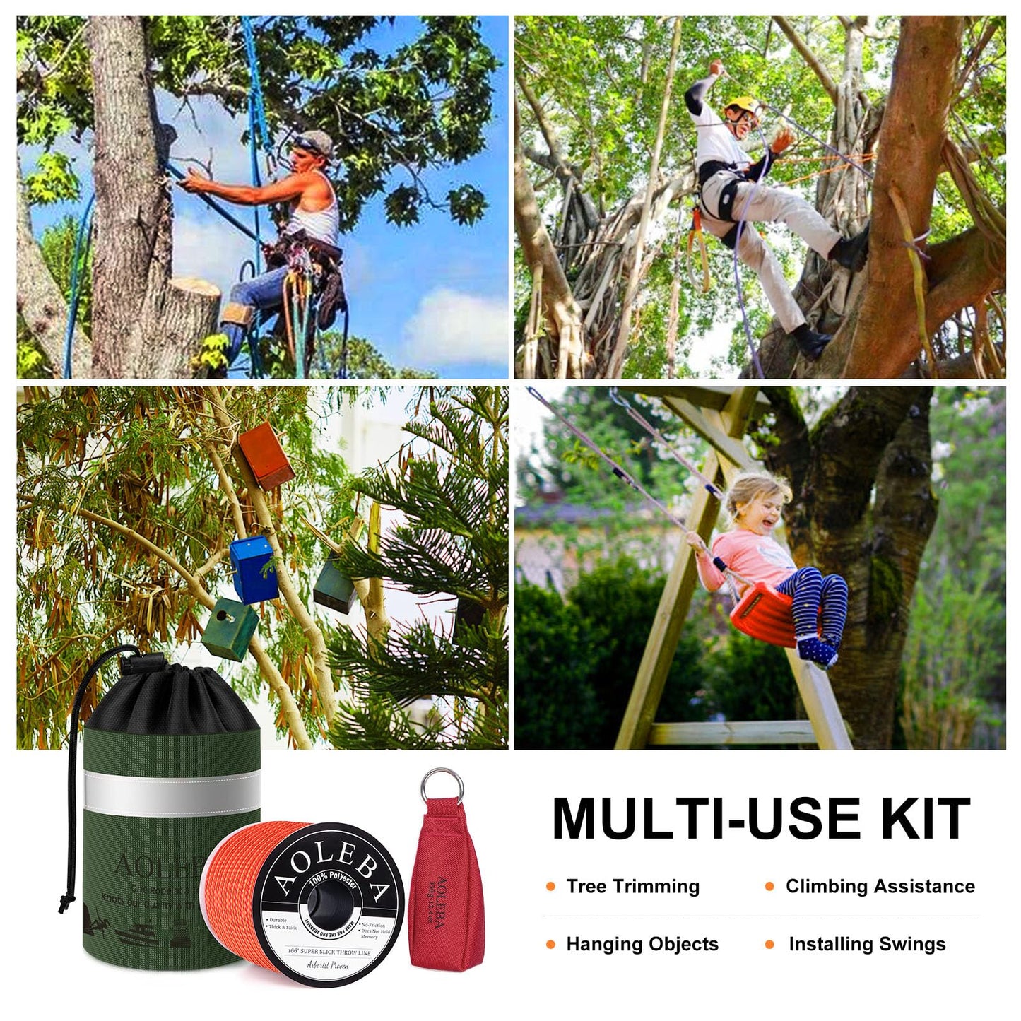 AOLEBA Arborist Throw Line Kit, Slick Arborist Rope Throw Weight Set with Reflective Storage Bag, 100% Polyester Rope, Arborist Equipment for High Limb, Throwing, Climbing, Tree Cutting