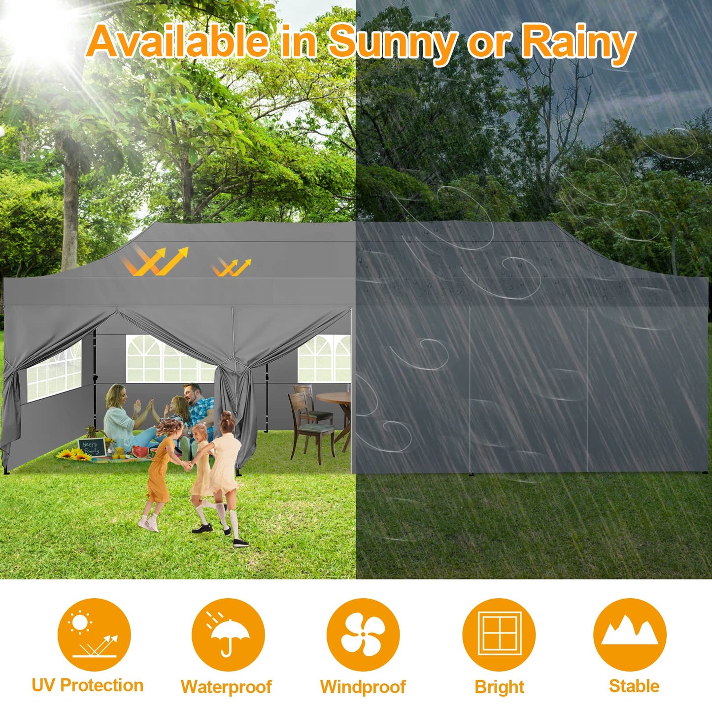 COBIZI 10x30 Pop Up Canopy with 8 Sidewall,Heavy Duty UPF 50+ All Season Wind Waterproof Commercial Outdoor Wedding Party Tents for Parties Canopy Gazebo with Roller Bag(10 x 30 ft Gray)