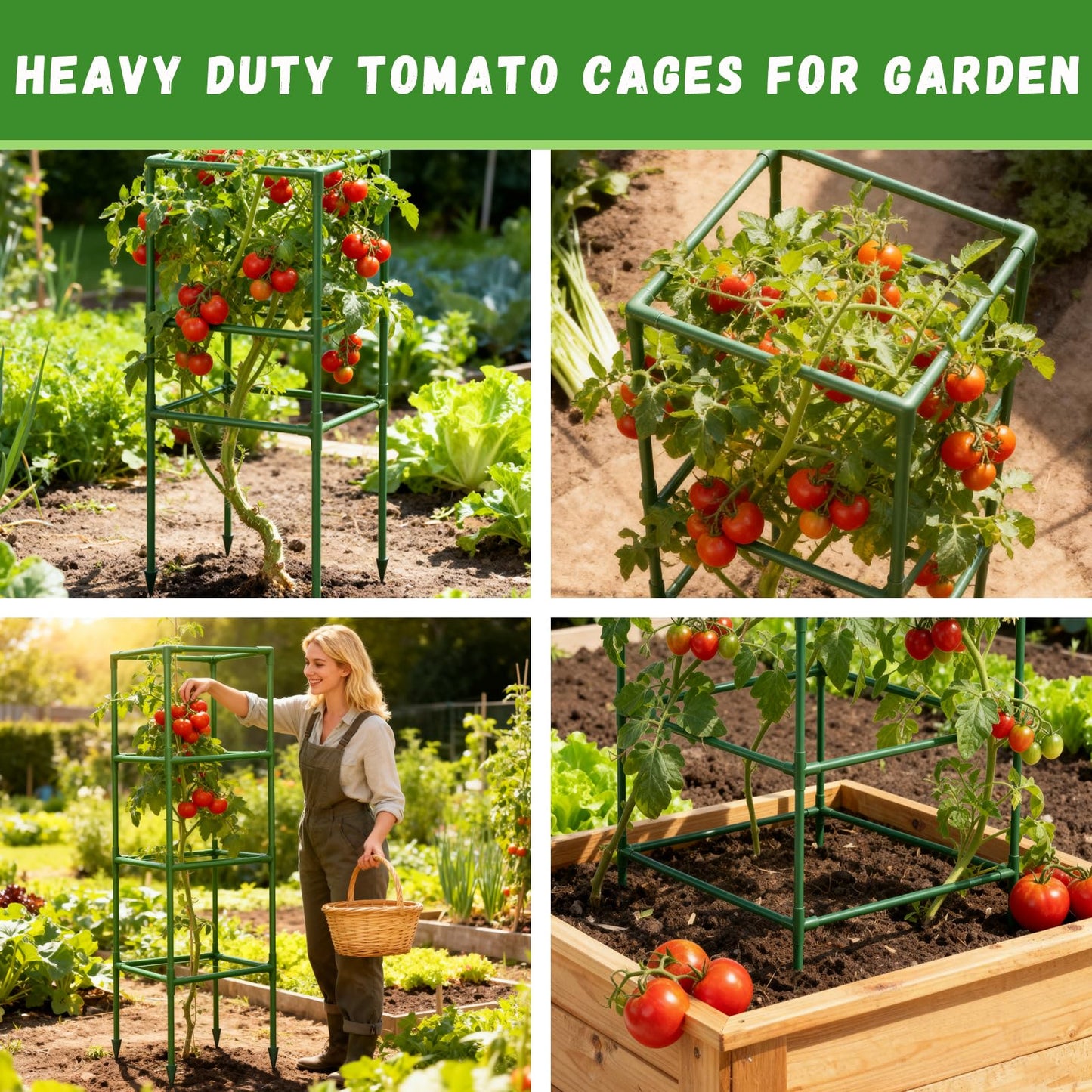 Riare 4 Pack Square Tomato Cages for Garden Plant Support- Up to 60 Inch Tomato Cage Garden Stakes Tomato Trellis for Potted Plants Raised Garden Bed Climbing Vegetables Flowers Outdoor Indoor