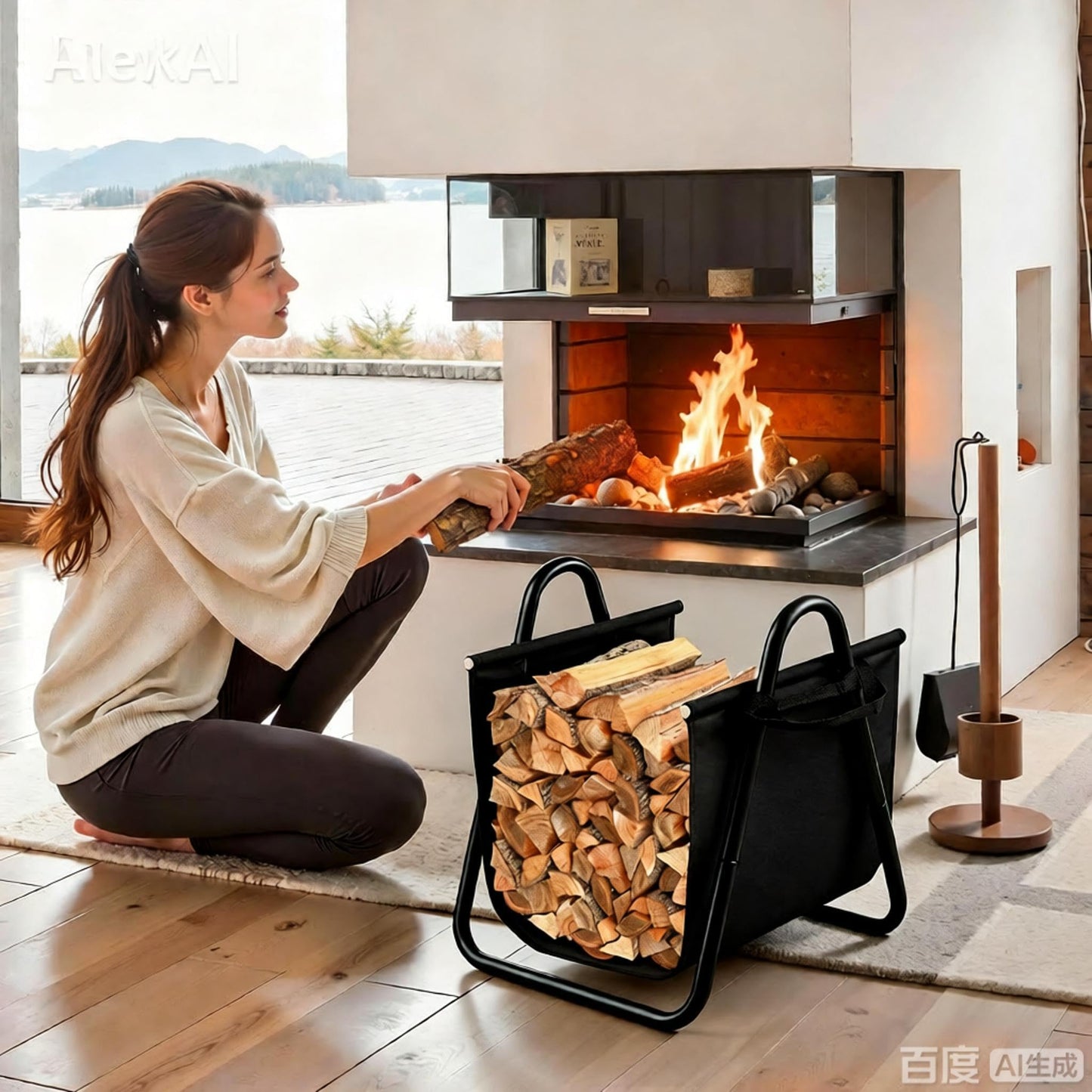 AMAGABELI GARDEN & HOME Fireplace Log Holder with Canvas Firewood Rack Indoor Tote Carrier Metal Wood Rack Black Firewood Holders Storage Heavy Duty Logs Stacker Basket with Handles Kindling