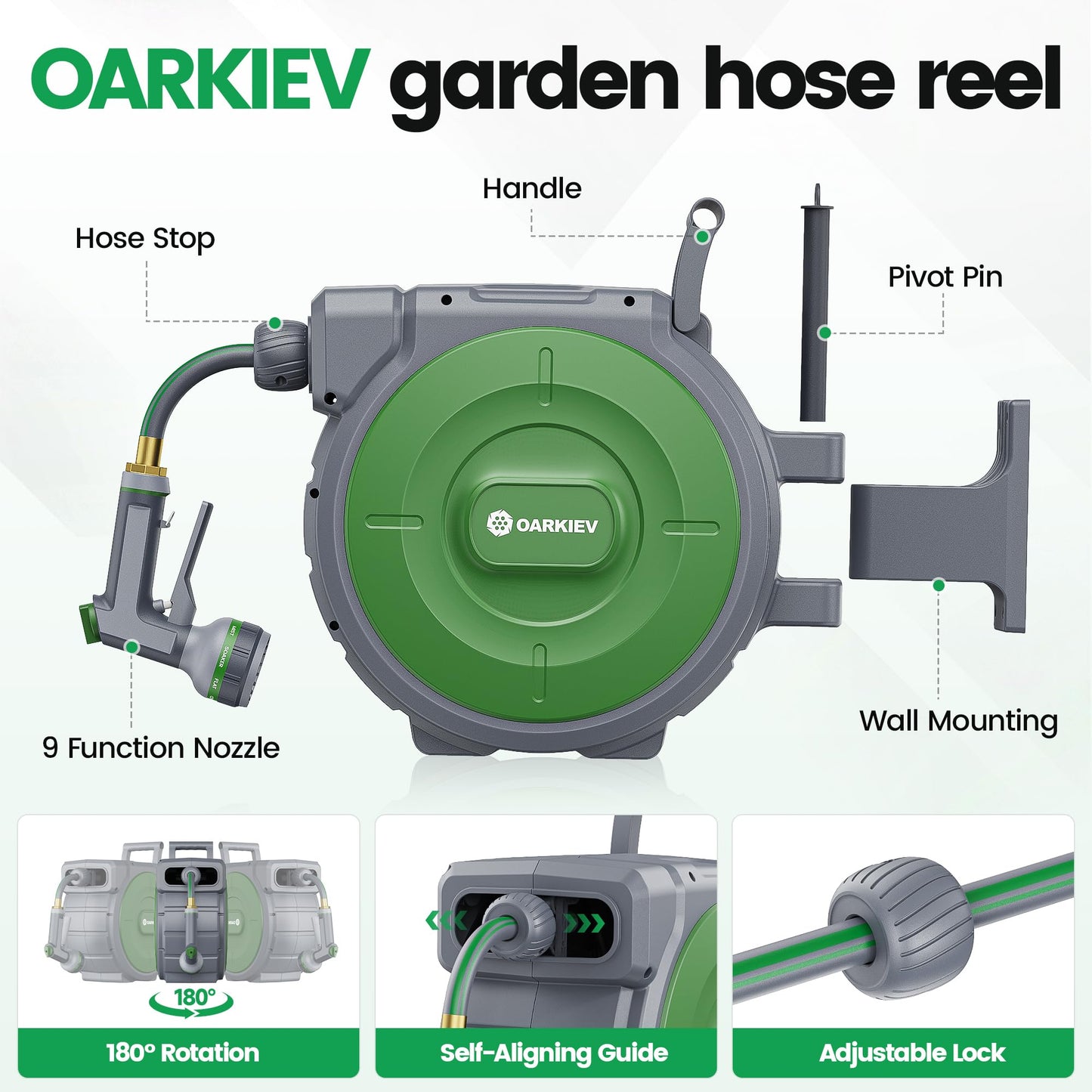 OARKIEV Garden Retractable Hose Reel, 1/2 Inch x 120 ft Wall Mounted Garden Hose Reel with Any Length Lock, Upgraded Slow Return System and 180°Swivel Bracket
