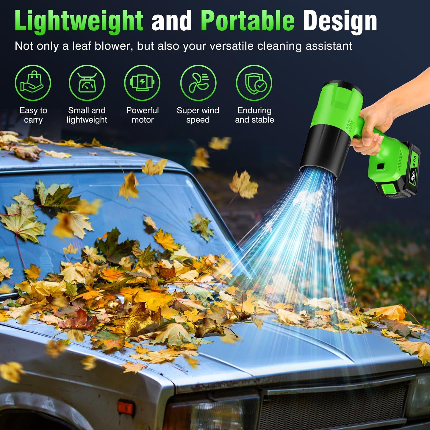 Leaf Blower Cordless, Handheld Leaf Blower with 2 X 4.0Ah Battery and Charger, Snow Blower with 6 Speed Modes, Lightweight Blowers for Lawn Care, Patio, Yard, Blowing Snow, Leaves, Dust-Yellow