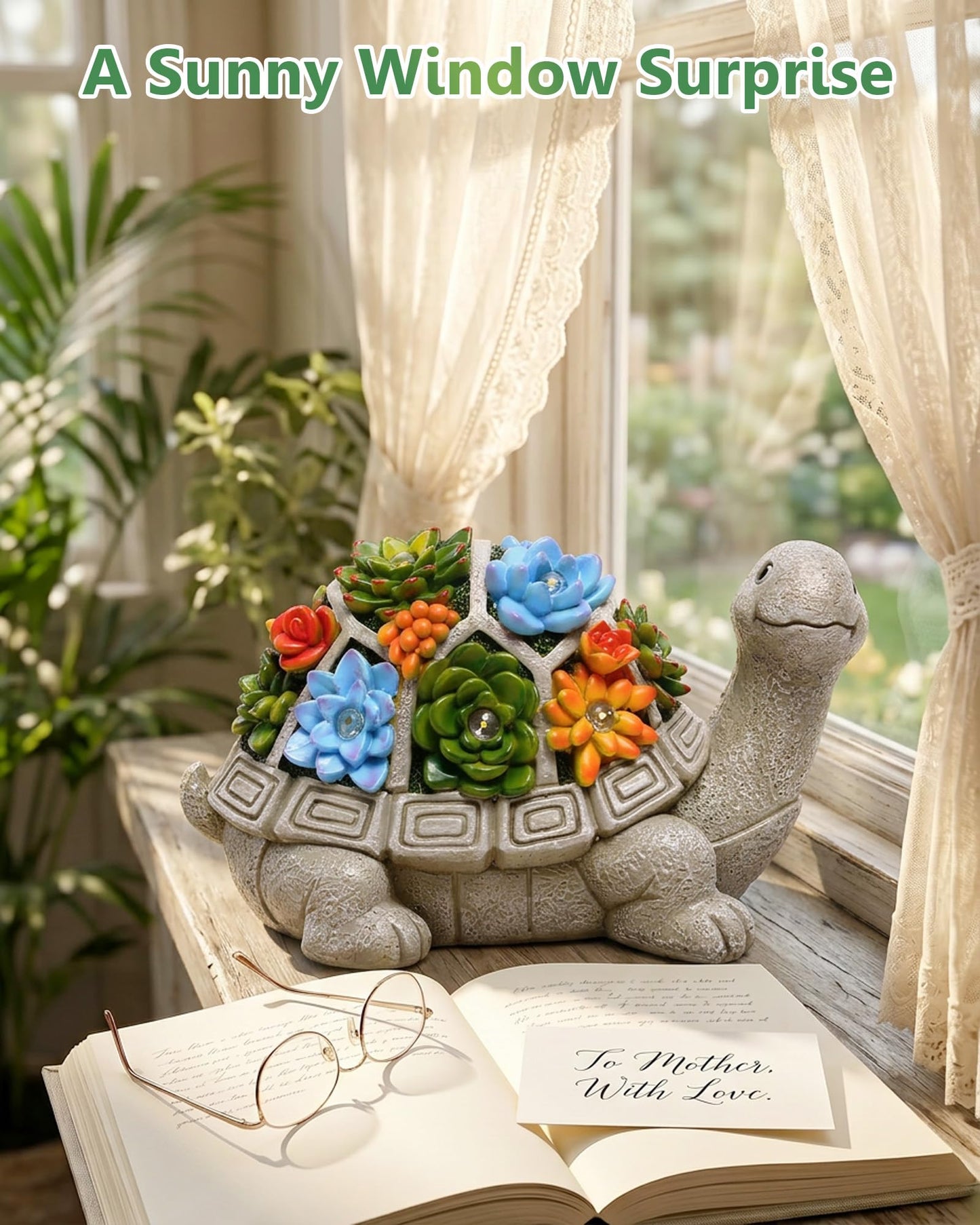 Nacome Solar Garden Outdoor Statues Turtle with Succulent and 7 LED Lights - Lawn Decor Statue for Patio, Balcony, Yard Ornament - Gifts for Mom Grandma Women
