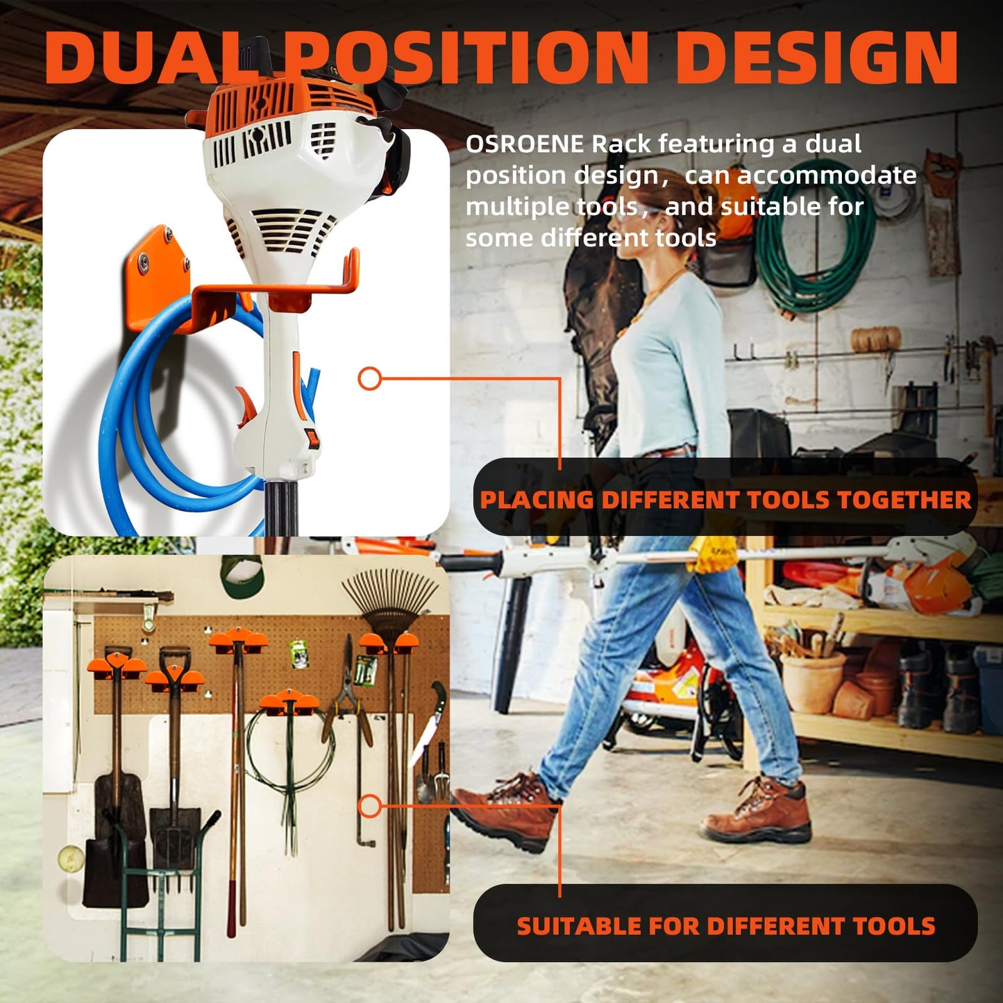 OSROENE Weedeater Hanger, 2 Pack Weed Eater Hanger for Wall, Heavy Duty Weed Wacker Hooks for Garage, Garage Organization Storage Shed Organizer Mounted Trimmer Rack