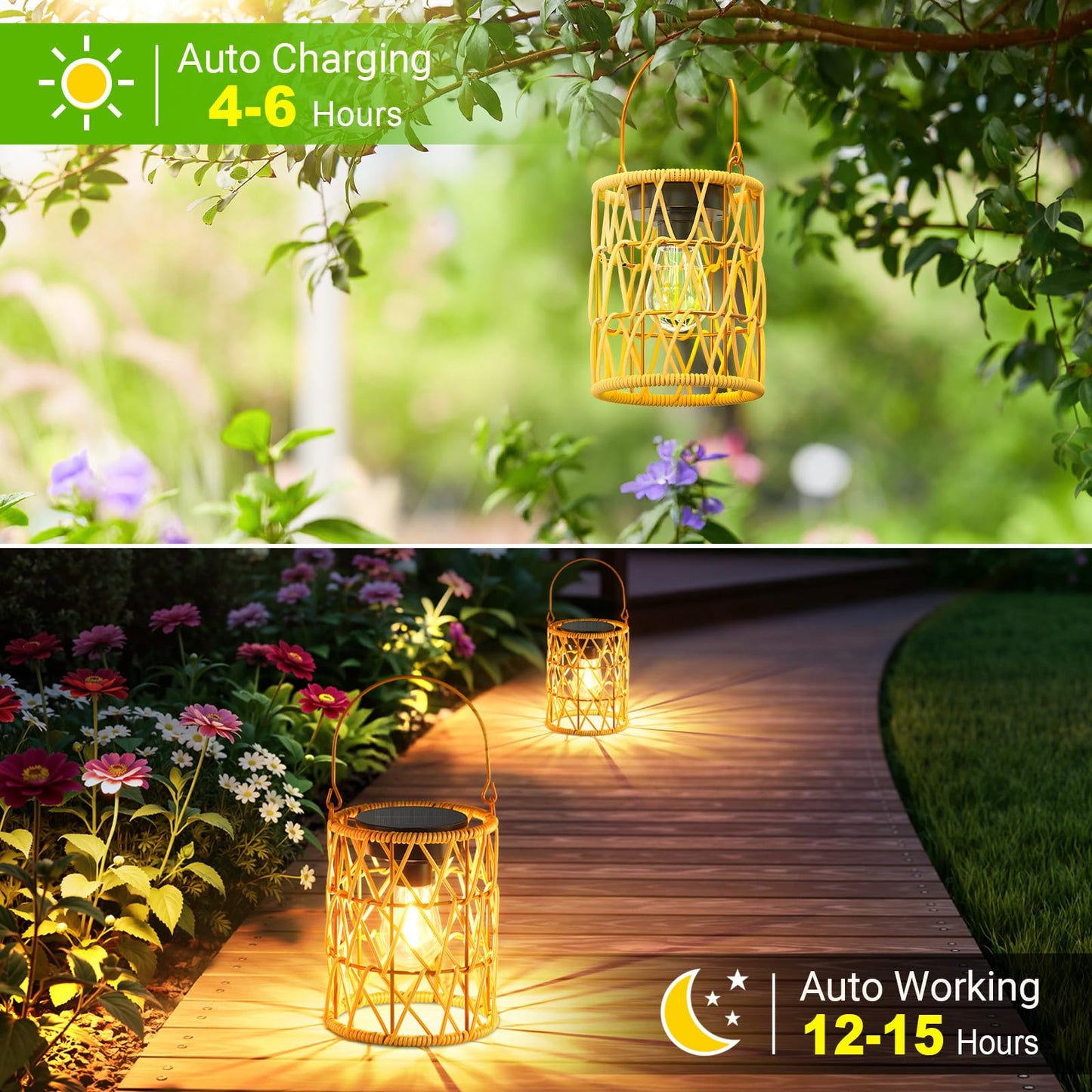KOOPER Solar Lantern Outdoor Lights, 4 Pack Bright Hanging Solar Lanterns Outdoor Waterproof with Handle, Decoration Rattan Lanterns for Outside Hanging Garden Patio Yard Porch Trees Lawn Pathway Gift