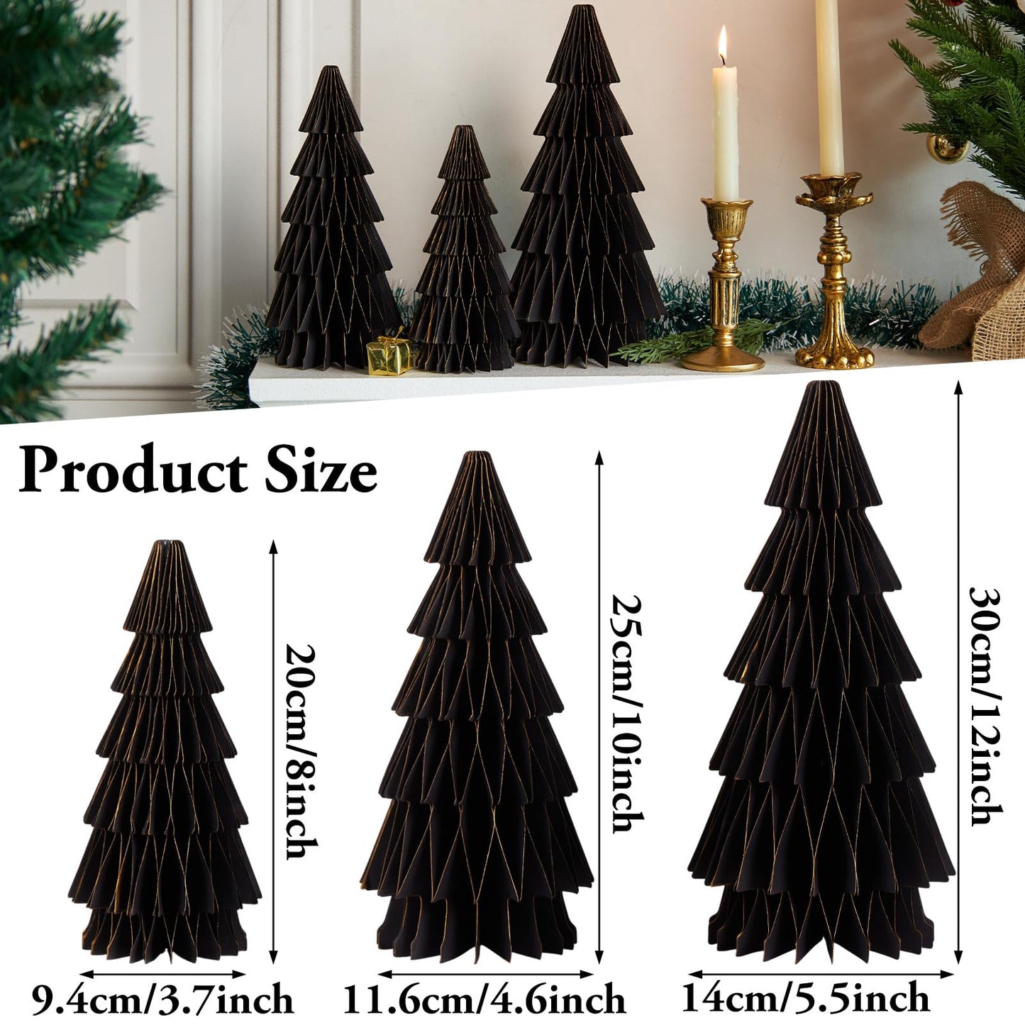 SUNBEAUTY 3PCS Black and Gold Honeycomb Paper Christmas Tree, 3D Christmas Tree Table Centerpiece with Magnetic Attachment,Christmas Winter Newyear Party Holiday Home Decor