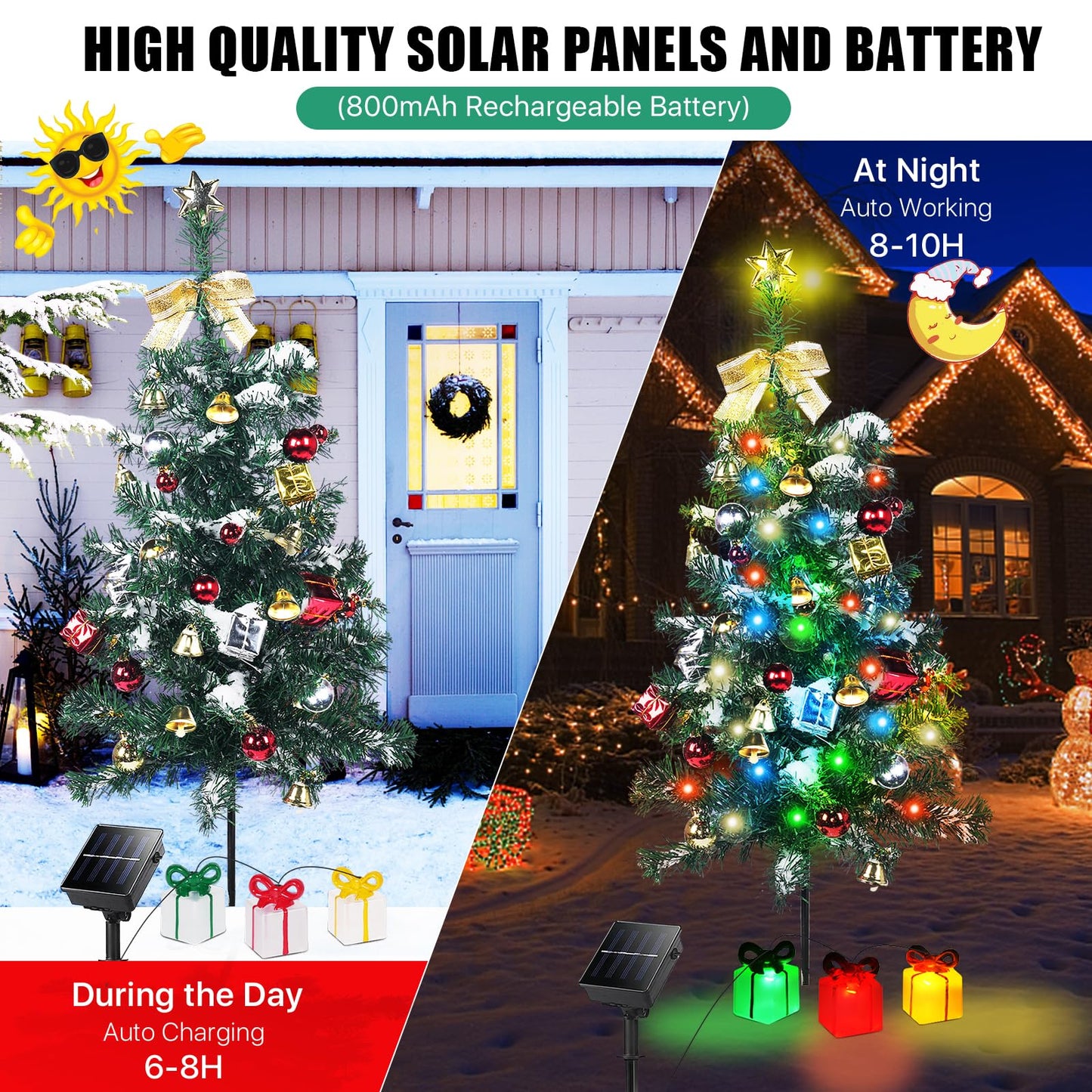 Aukora Solar Christmas Tree Lights Outside Decorations 31 in,8 Modes Christmas Light Outdoor Waterproof with 23 Xmas Accessories & 3 Gifts Box Lights for Garden Pathway Cemetery Decorations,2Pack