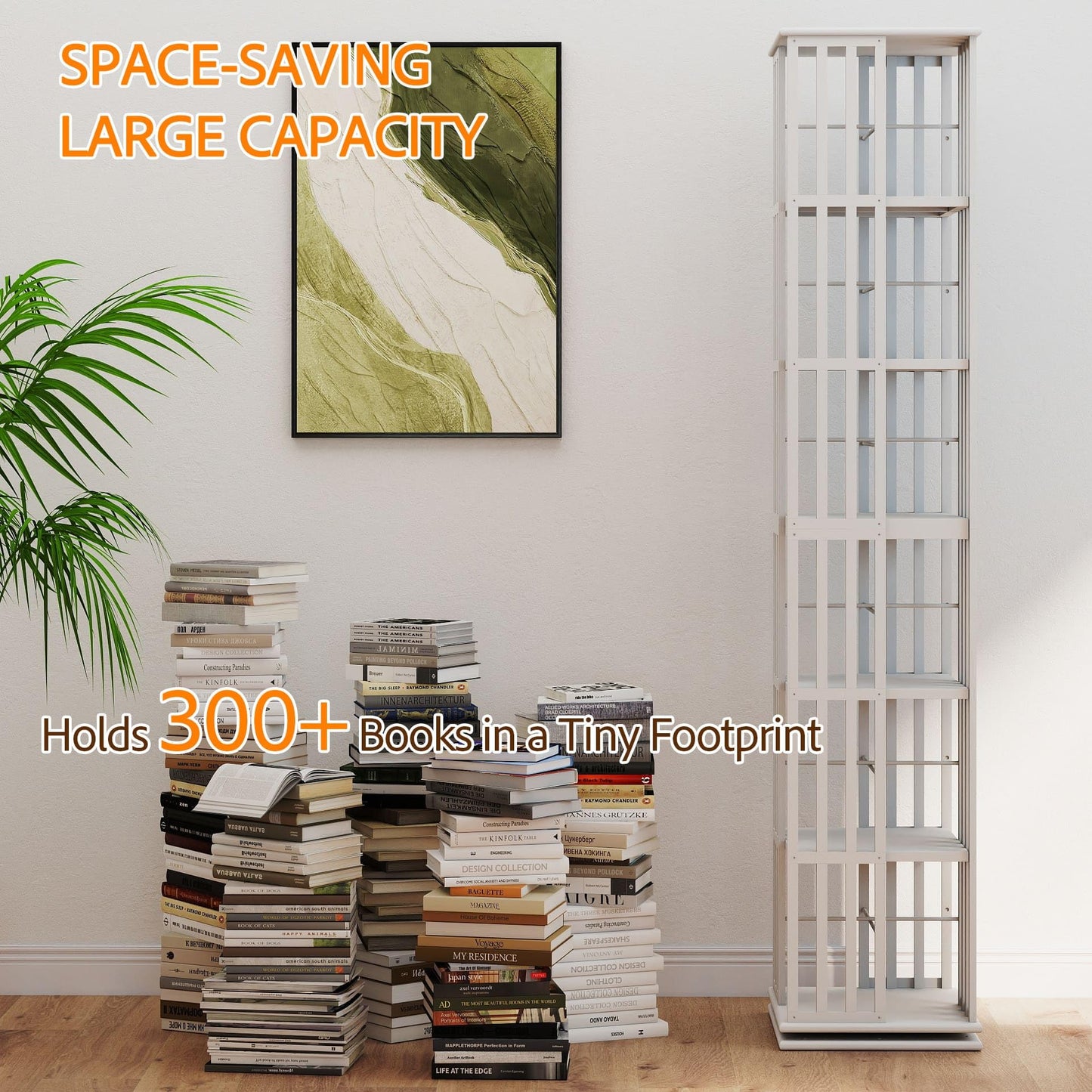 Raykion Rotating Bookshelf Tower, 6 Tier Bamboo Spinning Book Shelf, 360 Revolving Bookcase for Small Space Corner, Large Capacity Swivil Bookshelf for Living Room Bedroom Home Office, White
