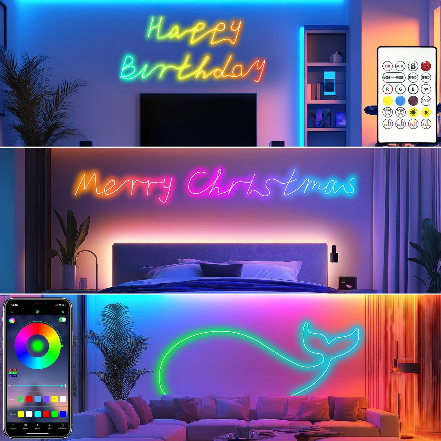Cozylady RGB Neon LED Rope Lights, Waterproof Bluetooth APP Remote Control Music Sync Strip Lights, 24V Flexible DIY Silicone Light for Bedroom Home Indoor Outdoor Decor (7.5M/25Ft)