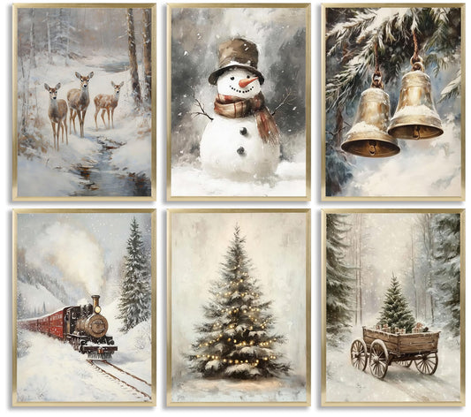 6pcs Retro Christmas Canvas Wall Art Tree Snowman Elk Christmas Posters Prints Paintings Winter Landscape Festive Elements Wall Decor Pictures for Living Room And Bedroom Furniture Decoration Unframed