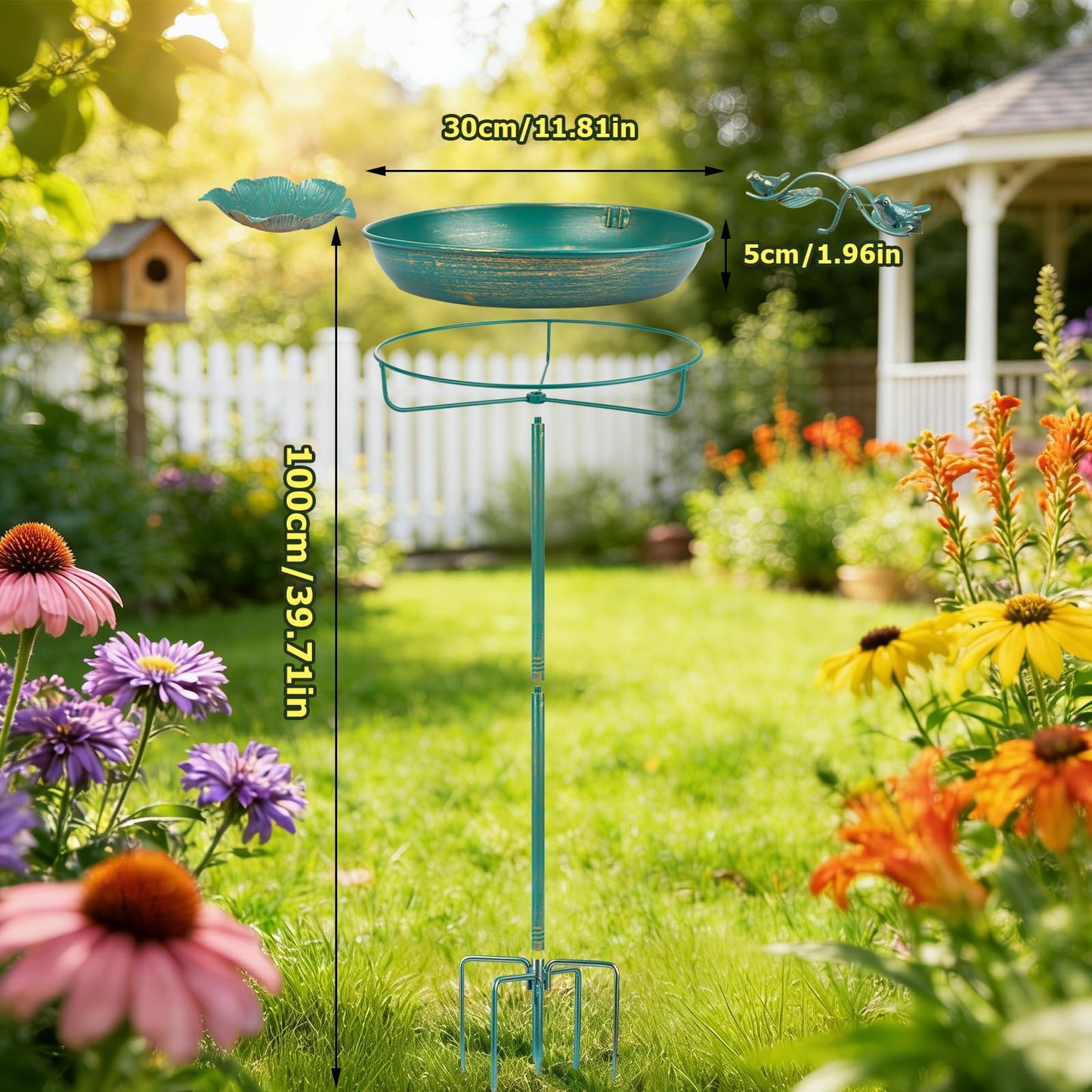 Mellbree Bird Bath for Outside, 12" Dia 39" H Lake Blue with Gold Gilding Metal birdbath for Outdoors, Freestanding with Perch & Feeder Bowl, Multi-Functional for Garden Patio Yard Lawn Outdoor Decor