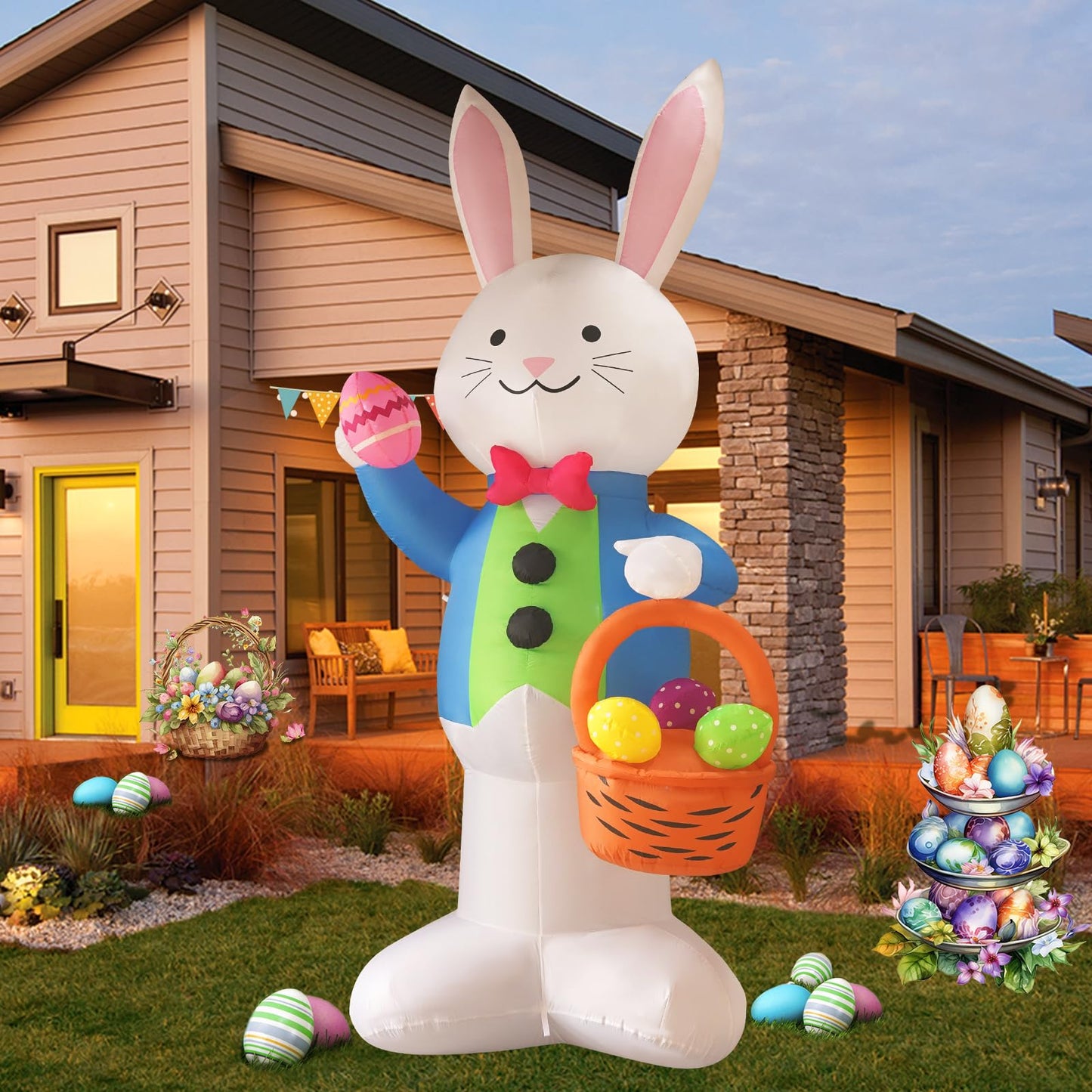 InfleasJoiy 12FT Bunny Basket Easter Inflatable Decoration with Built-in LED Lights for Holiday Celebration Decorations on Yards, Lawns and Patios
