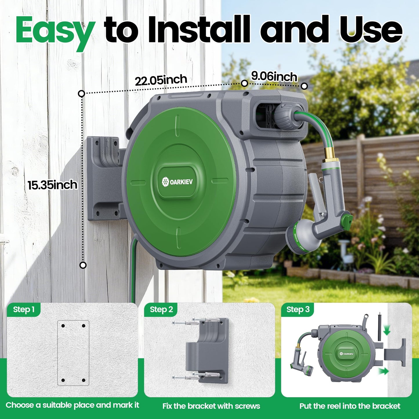 OARKIEV Garden Retractable Hose Reel, 1/2 Inch x 120 ft Wall Mounted Garden Hose Reel with Any Length Lock, Upgraded Slow Return System and 180°Swivel Bracket
