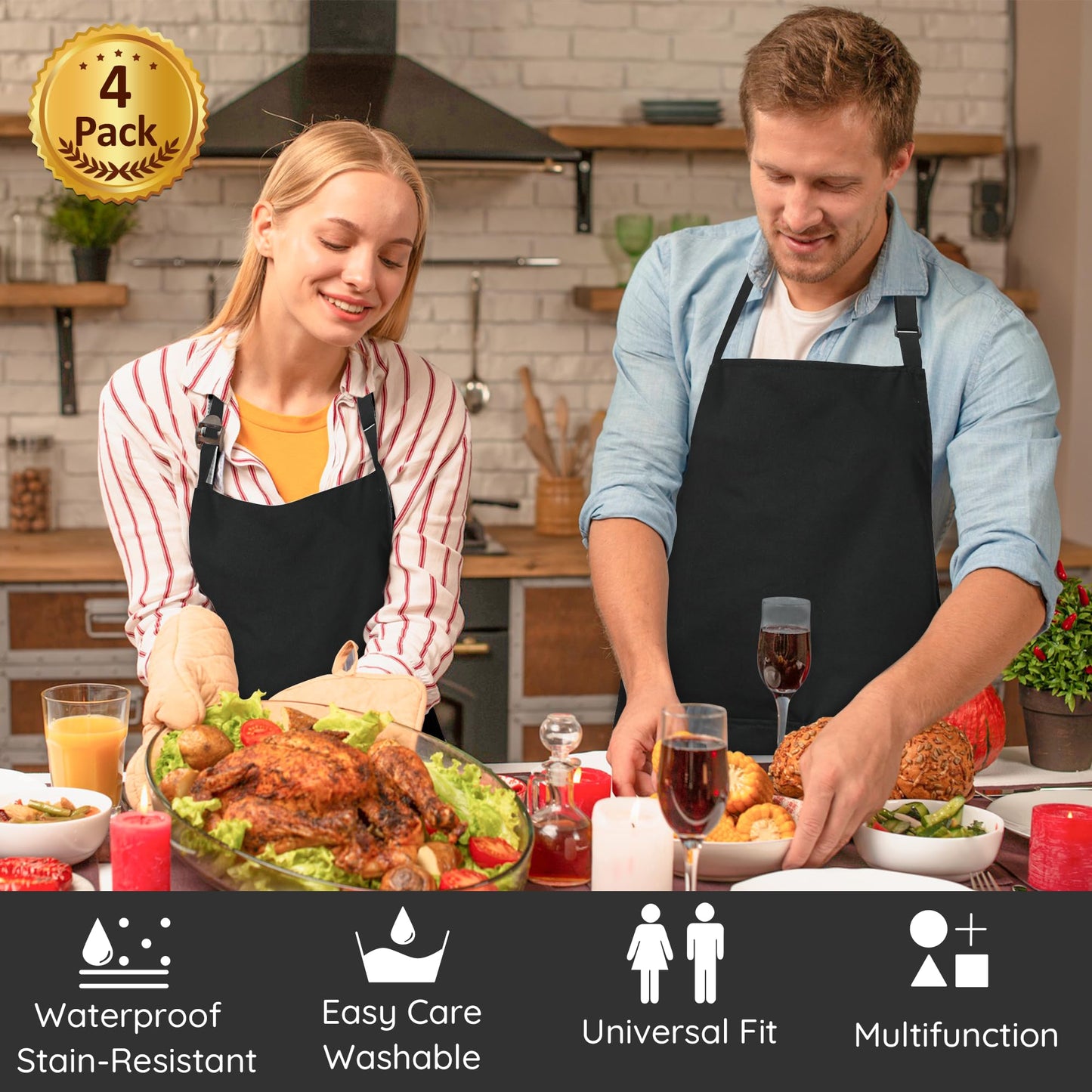 loteaf 4 Packs Chef Apron, Black Waterproof Apron, Adjustable Aprons with 2 Pockets for Men Women, Professional Aprons for Kitchen Cooking Gardening Painting Baking Restaurant (Black)