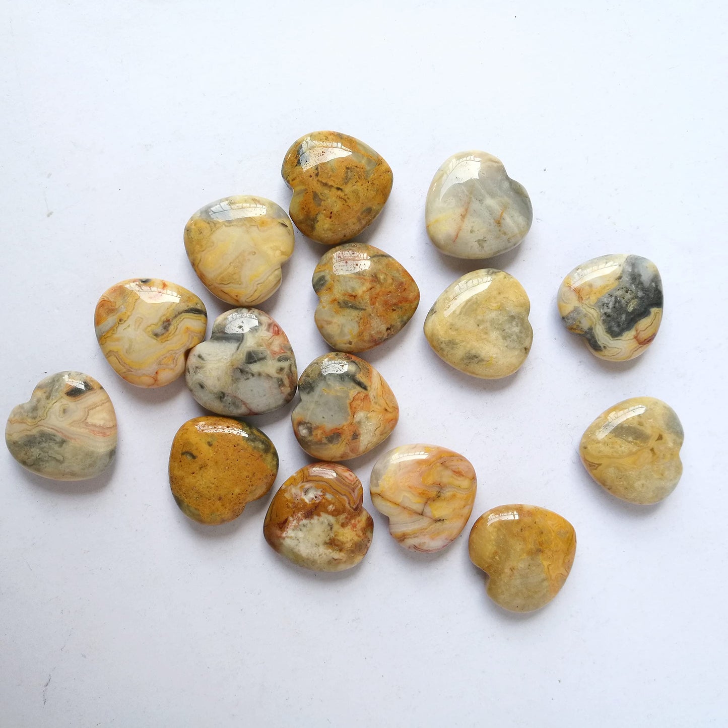 Bacatgem 3 Pcs Natural Yellow Crazy Lace Agate Pocket Palm Thumb Healing Crystal Heart Love Worry Stones,1 inches Reiki Balancing Crystal and Healing Stones