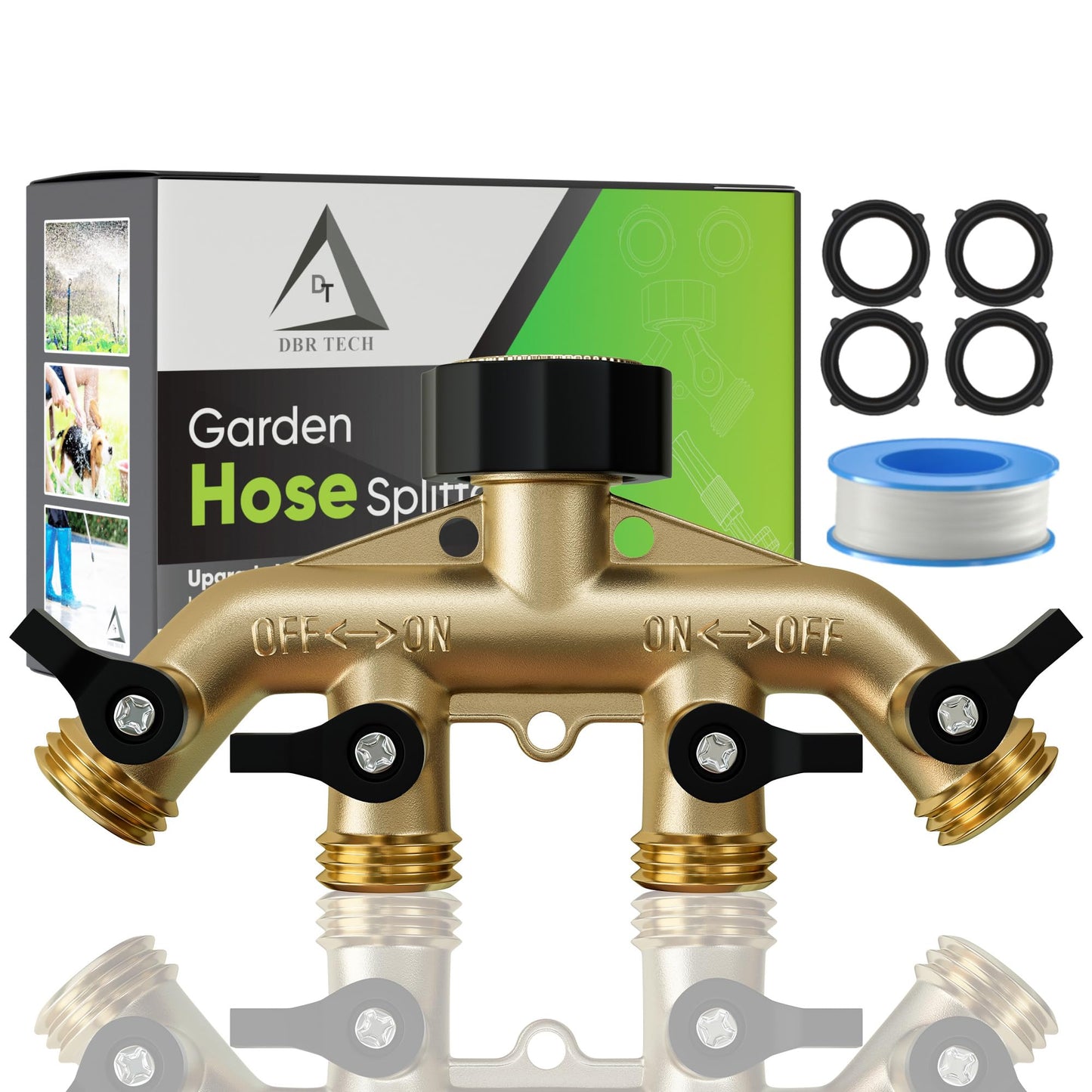 DBR Tech® Heavy Duty 4 Way Hose Splitter (Premium Brass for Superior Durability), Wye Garden Hoses Connector for Water Spigot Faucet Bib Tap, Y Adapter, Rust-Resistant Finish