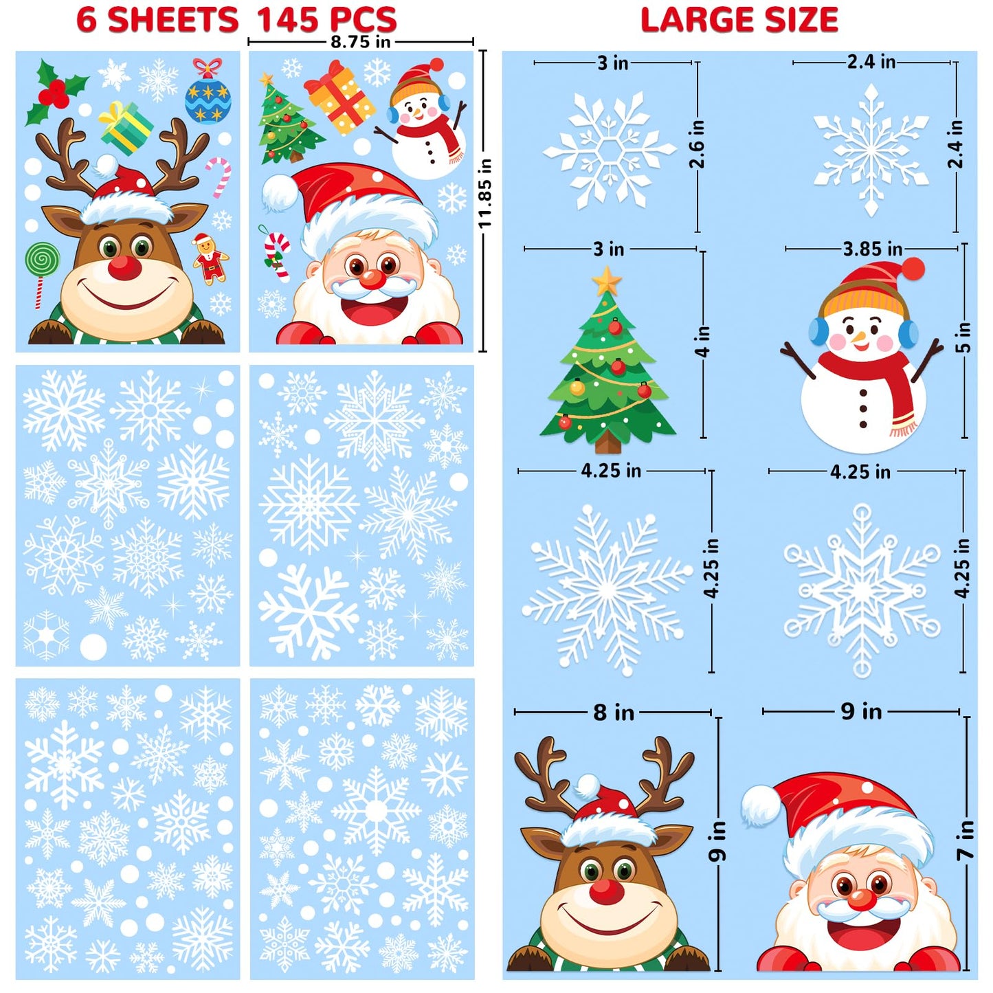 AOWDIAO Christmas Window Clings - 145 Pcs Xmas Glass Stickers, Santa, Snowflakes, Reindeer, Snowman - Winter Holiday Window Decorations for Festive Spirit