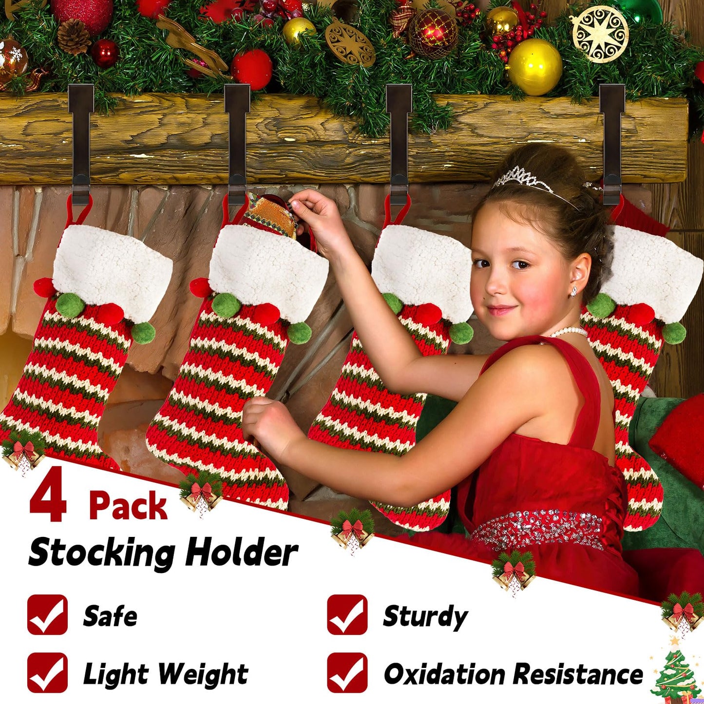 SPSHENG Christmas Stocking Holders for Mantle, 4 Pack Stocking Hangers for Mantel, Non-Skid Stocking Hangers, Lightweight Stocking Hooks for Fireplace Home Party Decor