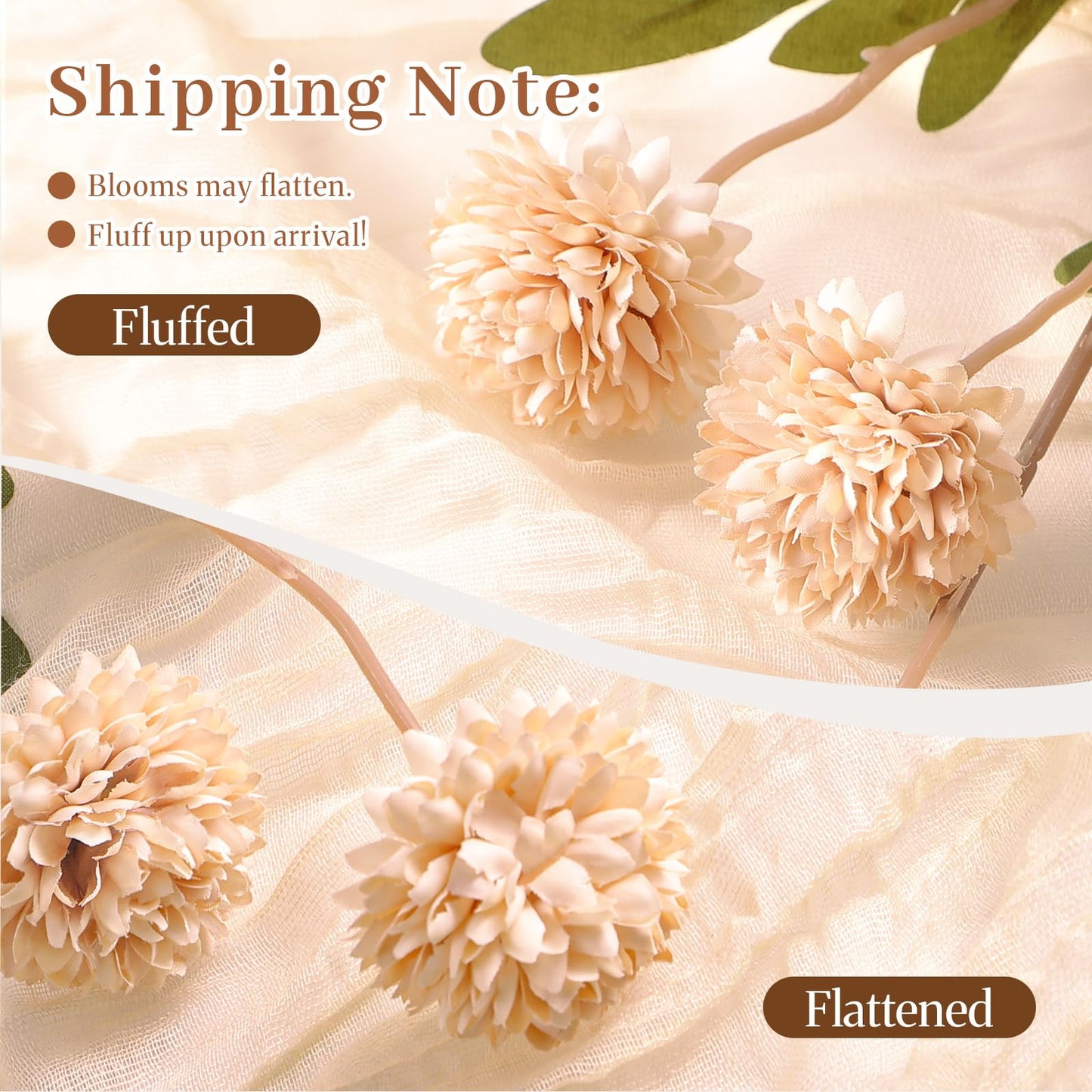 Alupssuc 16PCS Faux Silk Pompon Mums Artificial Flowers with Eucalyptus, Fake Chrysanthemum Floral for DIY Vase Arrangement, Long Stem Dining Table Centerpiece Home Decor, Beige