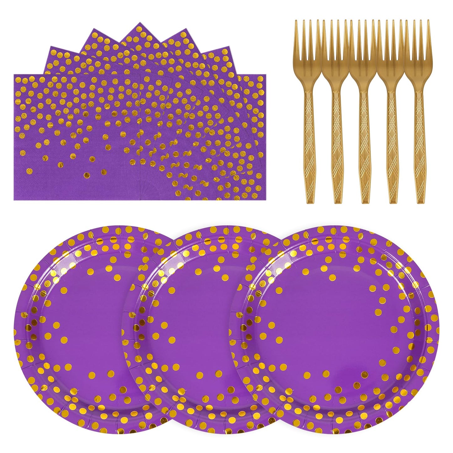 75PCS Paper Plates and Napkins Set - Purple and Gold Dot Disposable Party Dinnerware Includes Paper Plates, Napkins, Forks Decorations for Birthdays, Graduations, Weddings and Holidays, Serves 25