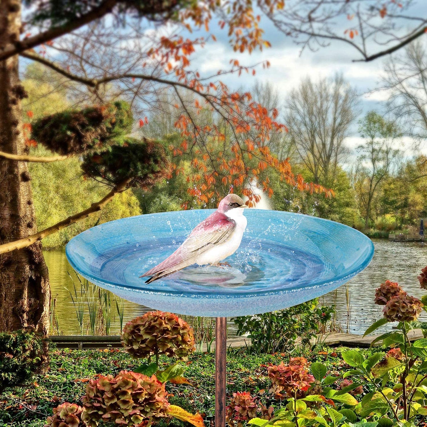 VCUTEKA Outdoor BirdBath Glass Bird Bath Garden Bird Feeder with Metal Stake