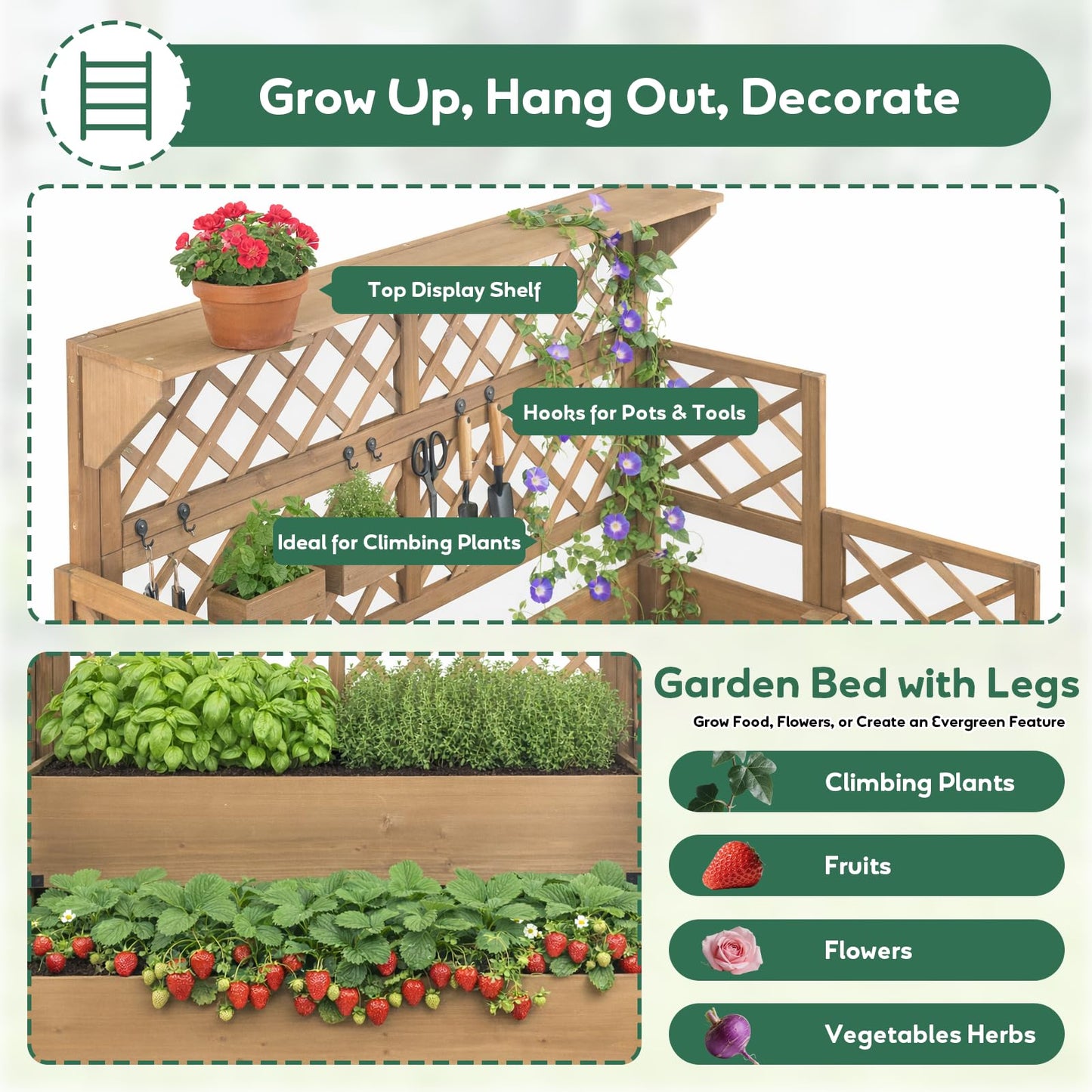Raised Garden Bed with Trellis & Top Shelf, Outdoor Elevated Planter Box with 2 Planting Areas, Liner & Metal Corners for Climbing Plants, Vegetables, Herbs