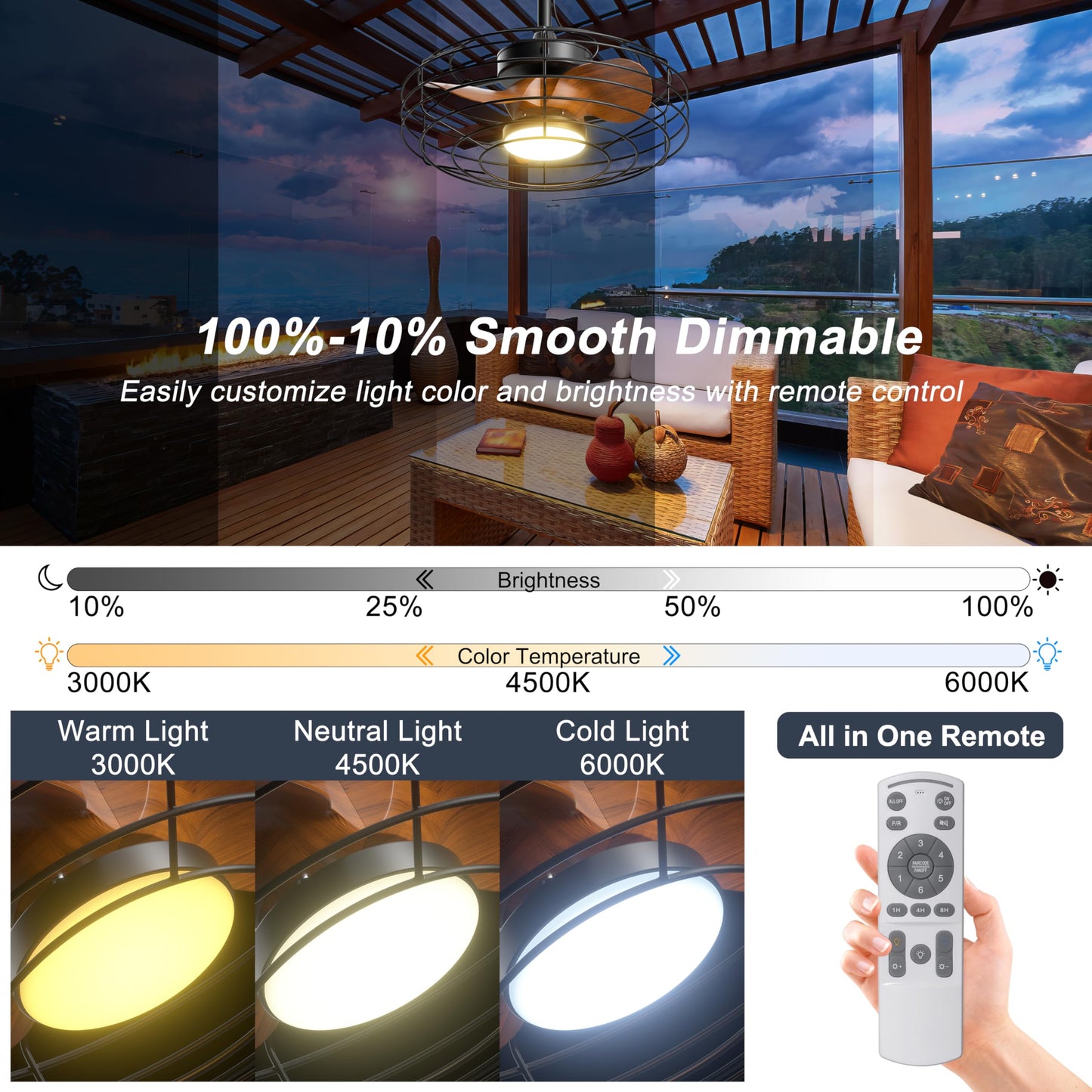 Coolbull Plug and Play Outdoor Ceiling Fans with Lights, 20'' Wet Rated Gazebo Fan Remote/APP Control, Dimmable Hanging Fan for Patio Pergola, Wood Color