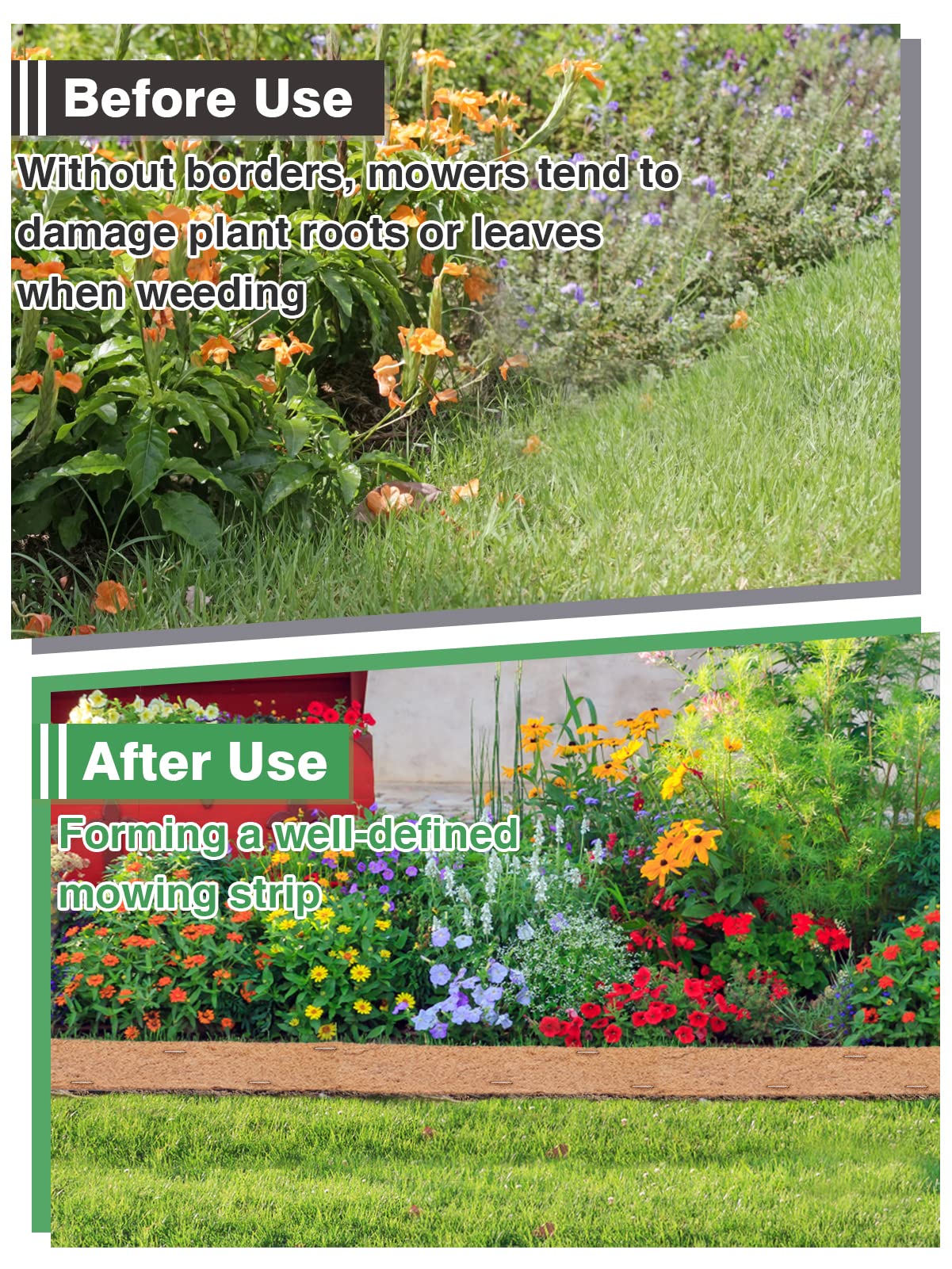 Natural Mulch Roll for Landscaping- 120" x 6.3" Weed Barrier Coconut Fiber Mat with 16 U-Shaped Steel Stakes, Thick Garden Border Edging for Plants, Flowers, Lawns, Vegetables