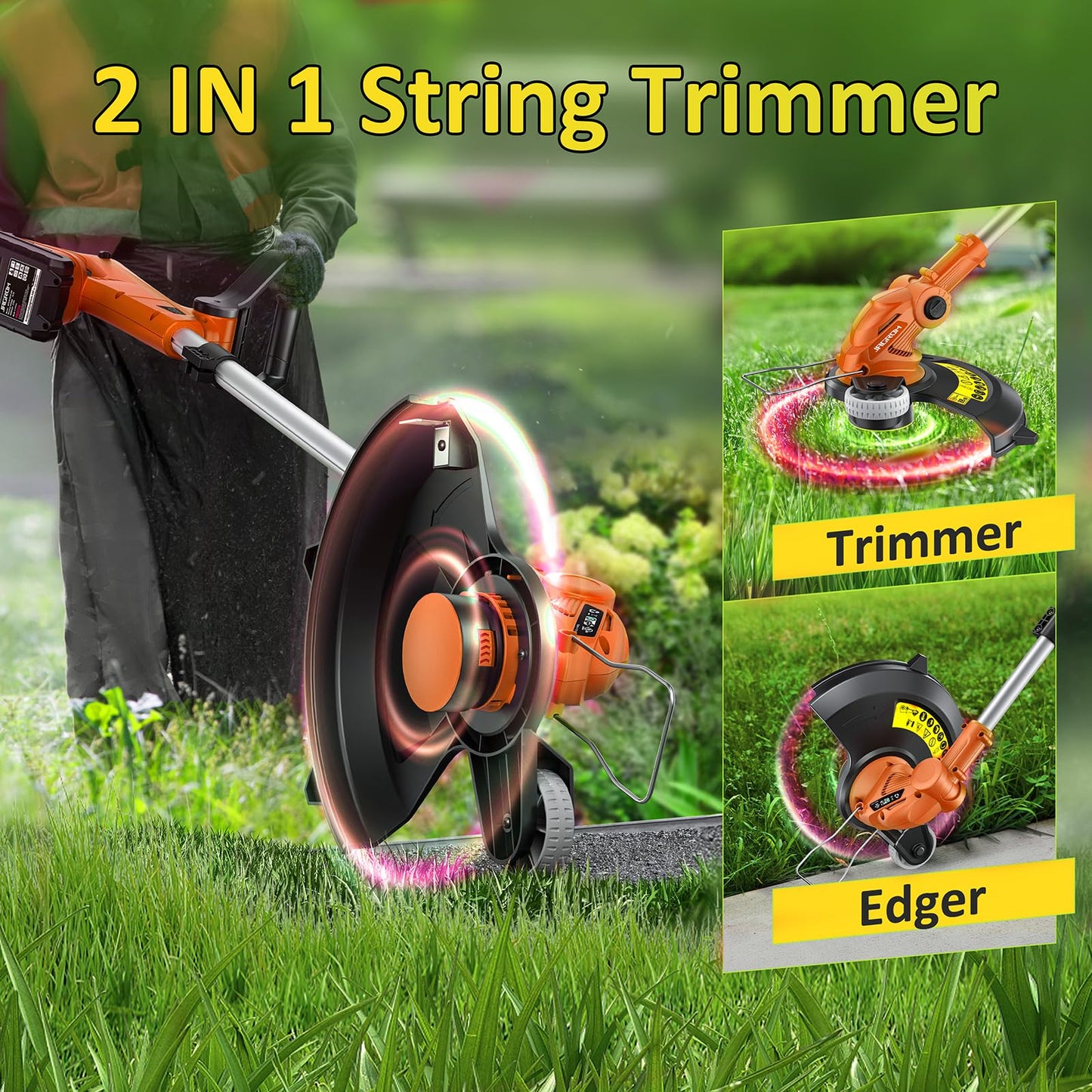 JAGROM Electric String Trimmer Cordless with 2x2.0Ah Battery, 20V Battery Powered 12-inch Lawn Mover & Edger Lawn Tool with Charger, Powered Grass Trimmer with 8pcs Spool Line for Yard, Garden, Orange