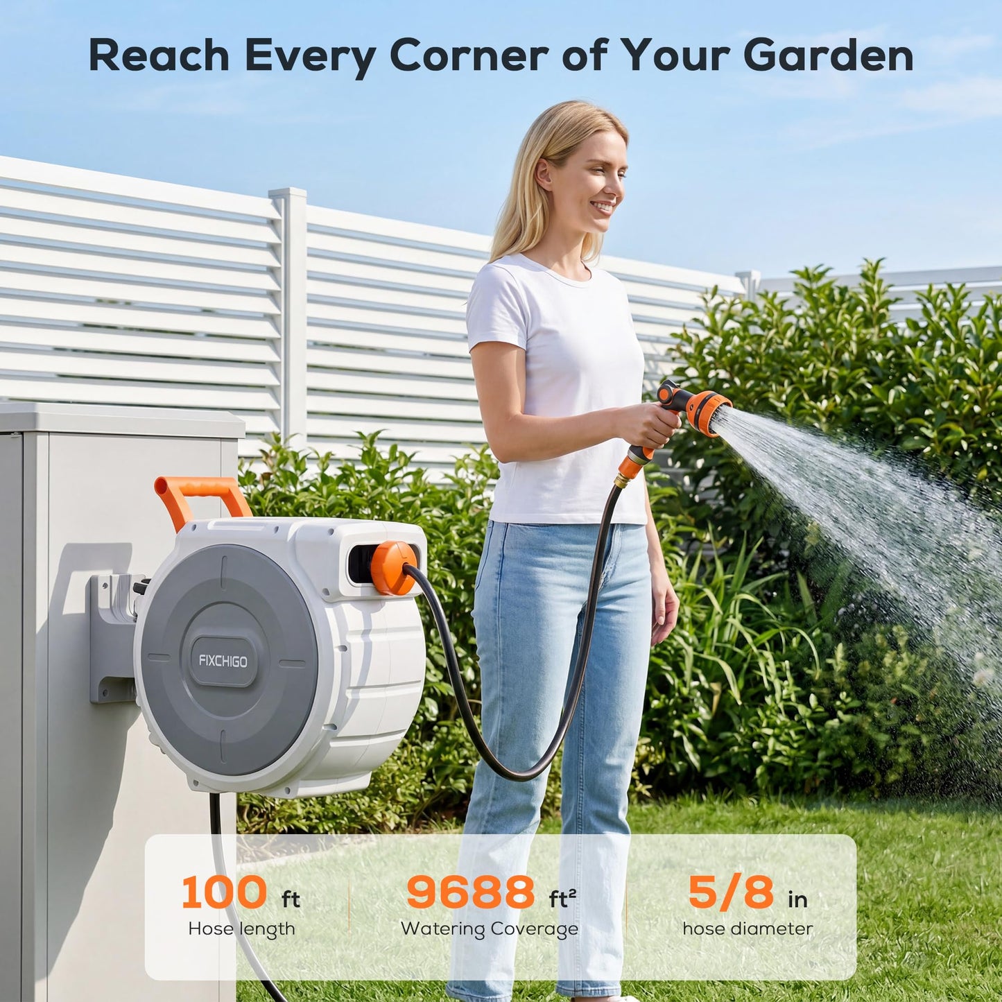 FIXCHIGO Retractable Hose Reel 5/8" x 100 FT, Heavy-Duty Garden Hose with Aluminum Bracket & Brass Seal, 10-Pattern Nozzle, Auto Rewind & Any-Length Lock, 180 Swivel, Wall Mount for Yard Lawn Patio